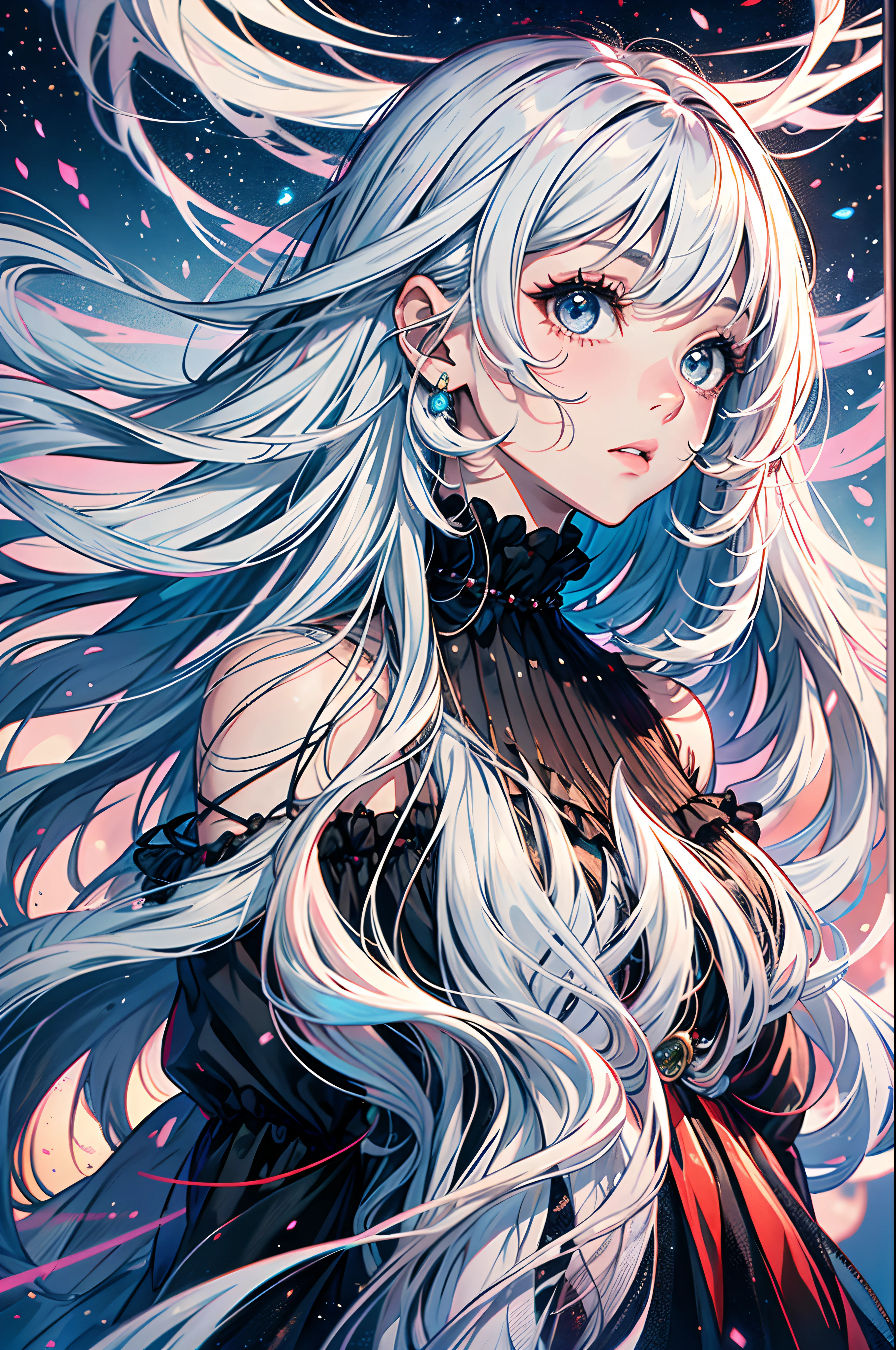 (gradient hair: 1.6), dutch angle, grain of film, chromatic aberration, starly sky, obra-prima, melhor qualidade, foto crua, fotorrealista, absurdres, 1girl, bonito, perspectiva, tiro de cowboy, highres, ultra detalhado, finamente detalhe, extremely long and messy hair, cabelos ao vento,olhos e rosto detalhados, pupilas afiadas, pupilas realistas cor de rosa, foco nítido, 夏天, (vestido longo branco simples: 0.6)