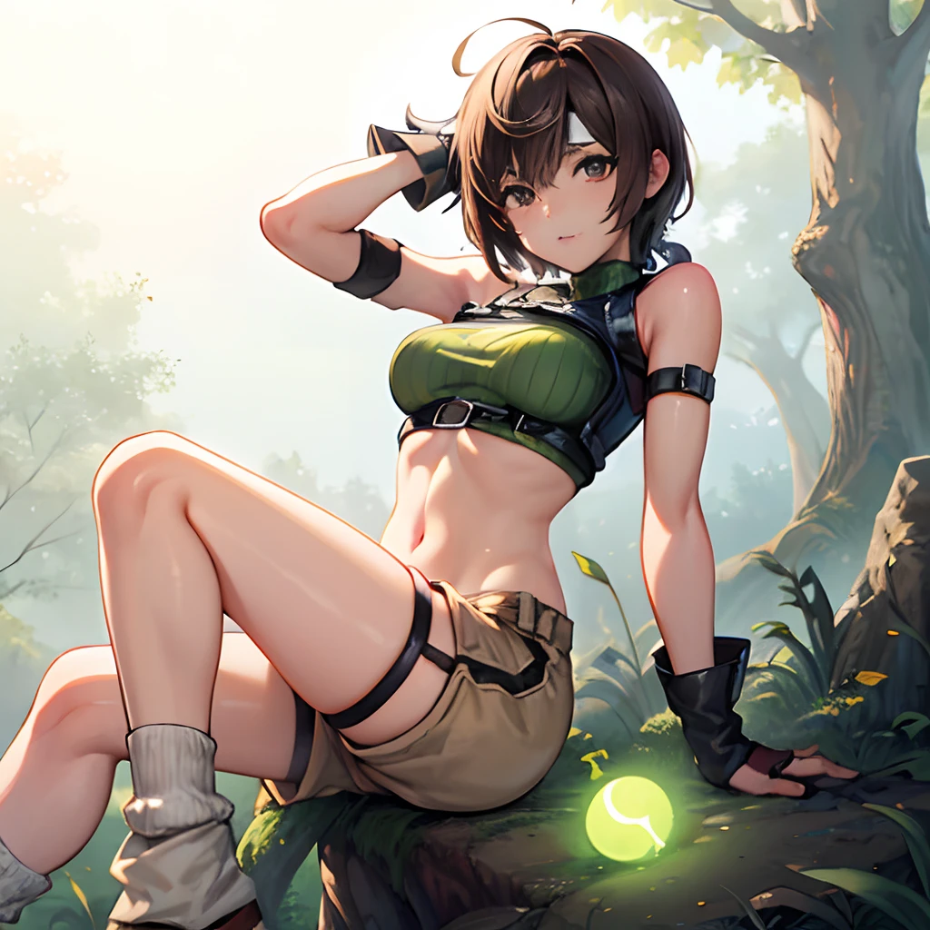 Top image quality,((detaileds)),(((reallistic))),4K,masutepiece,Short hair, head band, Sleeveless, turtle neck, Brown eyes, sleeveless turtleneck,  gloves, ,croptop, Brown hair ,Midriff, open fly, Fingerless gloves, Ribbed sweater, Shorts,Loose socks,medium breasts, Yuffie_Kisaragi_01,slender,Shorts,Fantasy Art,green aura