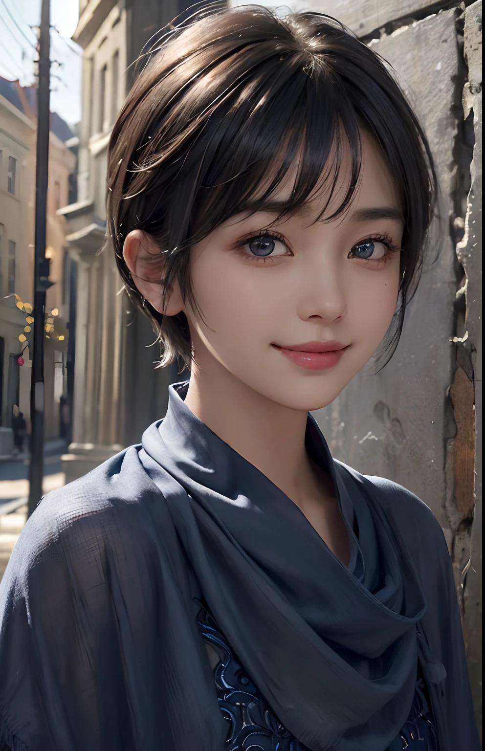 (A hyper-realistic)、(illustratio)、(hight resolution)、(8K)、(ighly detailed)、(Best Illustration)、(beautifully detailed eyes)、(top-quality)、(ultra-detailliert)、(masterpiece)、(wall-paper)、(A detailed face)、独奏、1 girl in、looking at viewert、fine detailed、A detailed face、in the darkness nigth、deep-shadows、lowkey、pureerosfaceace_v1、A smile、a pixie cut、Blue Shawl、46-point diagonal bangs