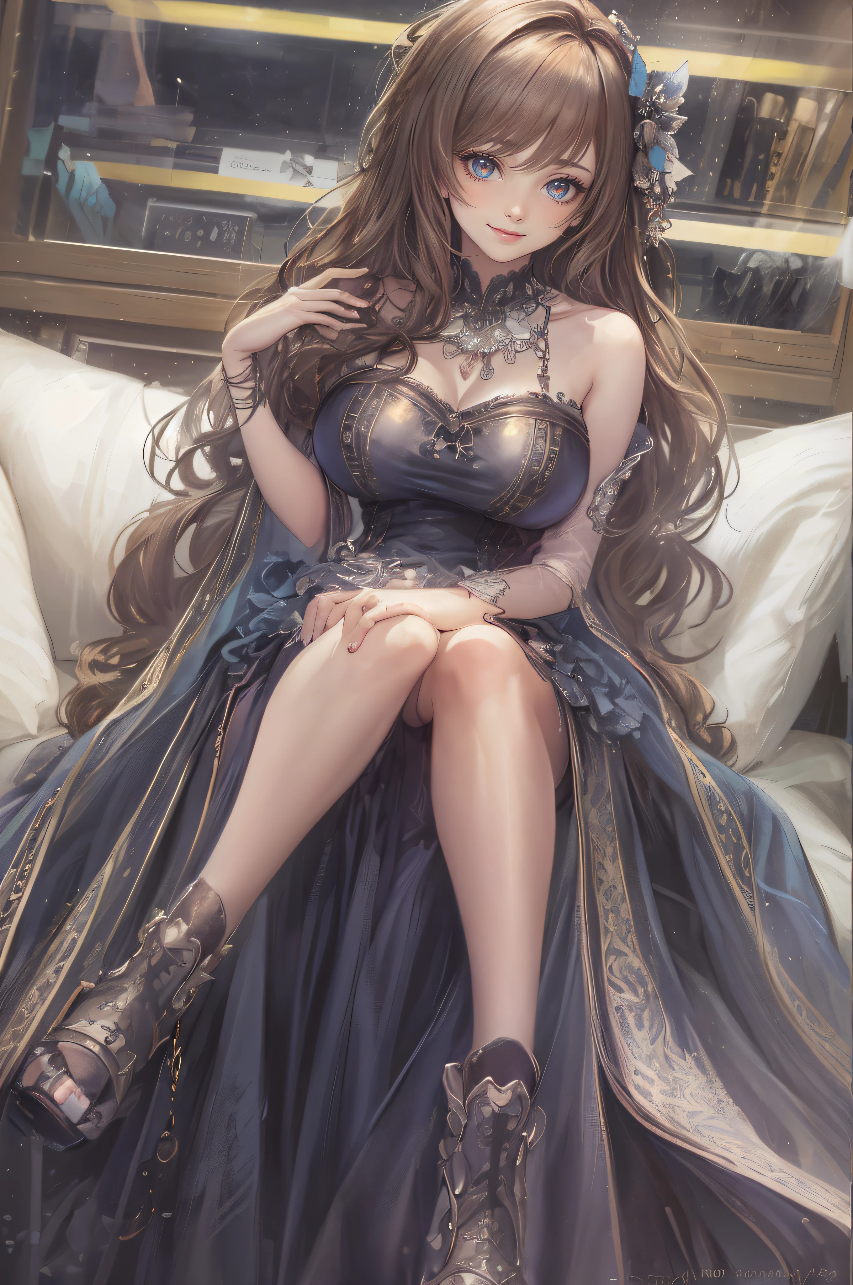 ((A sexy and beautiful woman sitting on top of me and looking down at me)), ((The cutest 22-year-old beauty)), ((Charming smile)), ((Very long hair) ), ((Revealing dress)), ((Abundant bust)), Gradient eyes, Seductive makeup, Single view, NFFSW, UHD, Retina, Masterpiece, Accurate, Anatomy, Scientifically correct, Texture skin, super detail, high detail, high quality, award winning, top quality, high resolution, 1080P, HD, 4K, 8k, 16k