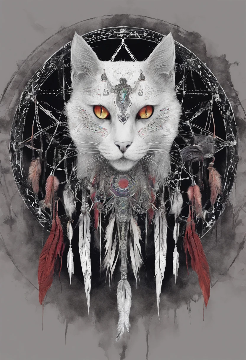 （White cat in the circle of colorful dream catchers），"T-shirt design with circular silhouette of cat face, Crescent, and stars in the