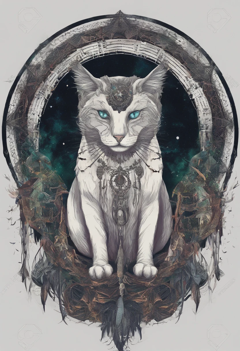 (White cat in the circle of colorful dream catchers),"T-shirt design with circular silhouette of cat face, Crescent, and stars in the