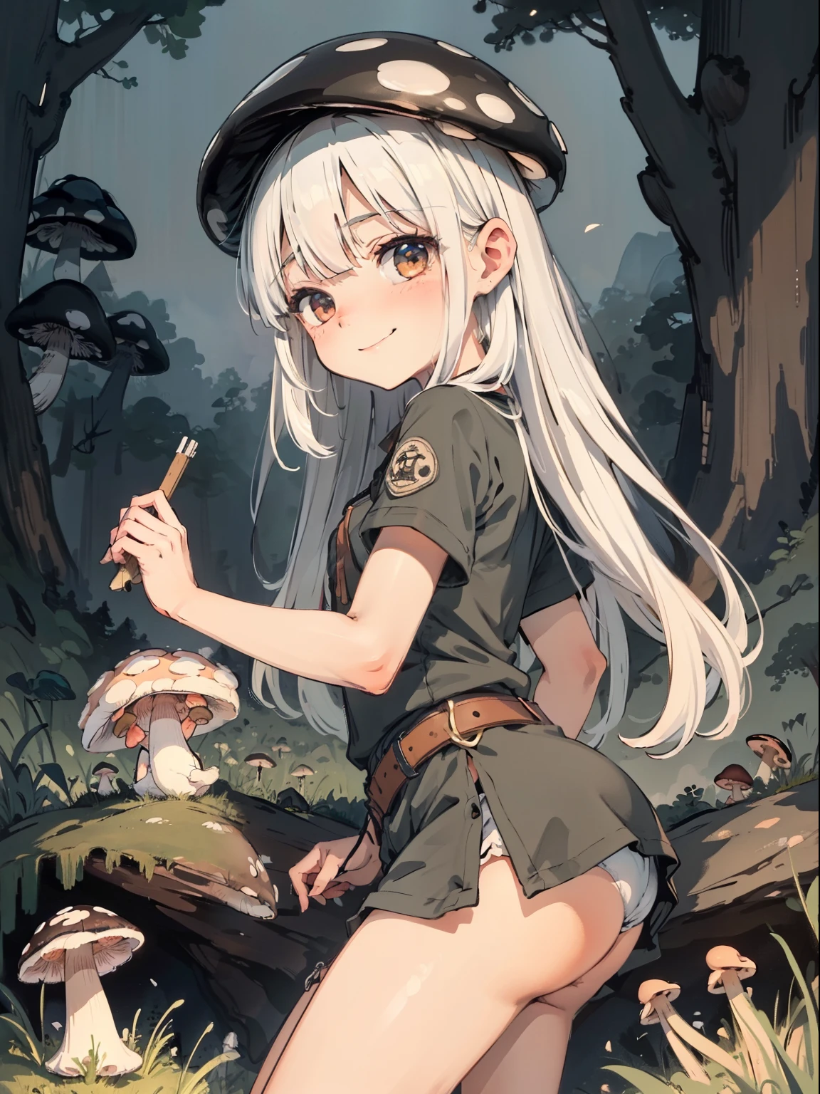 Simple drawing, Mushrooms and girls, tchibi, Cute, Big smile, Dark room, glowing mushrooms, Mushrooms + Mushrooms + Mushrooms + Mushrooms + Mushrooms, Mushrooms on the head, From the side Side,Watercolor illustration, Perfect anatomy, Masterpiece, Best quality, 1girll, Loli,, Solo, (with short white hair:1.2),Nature, landscape
