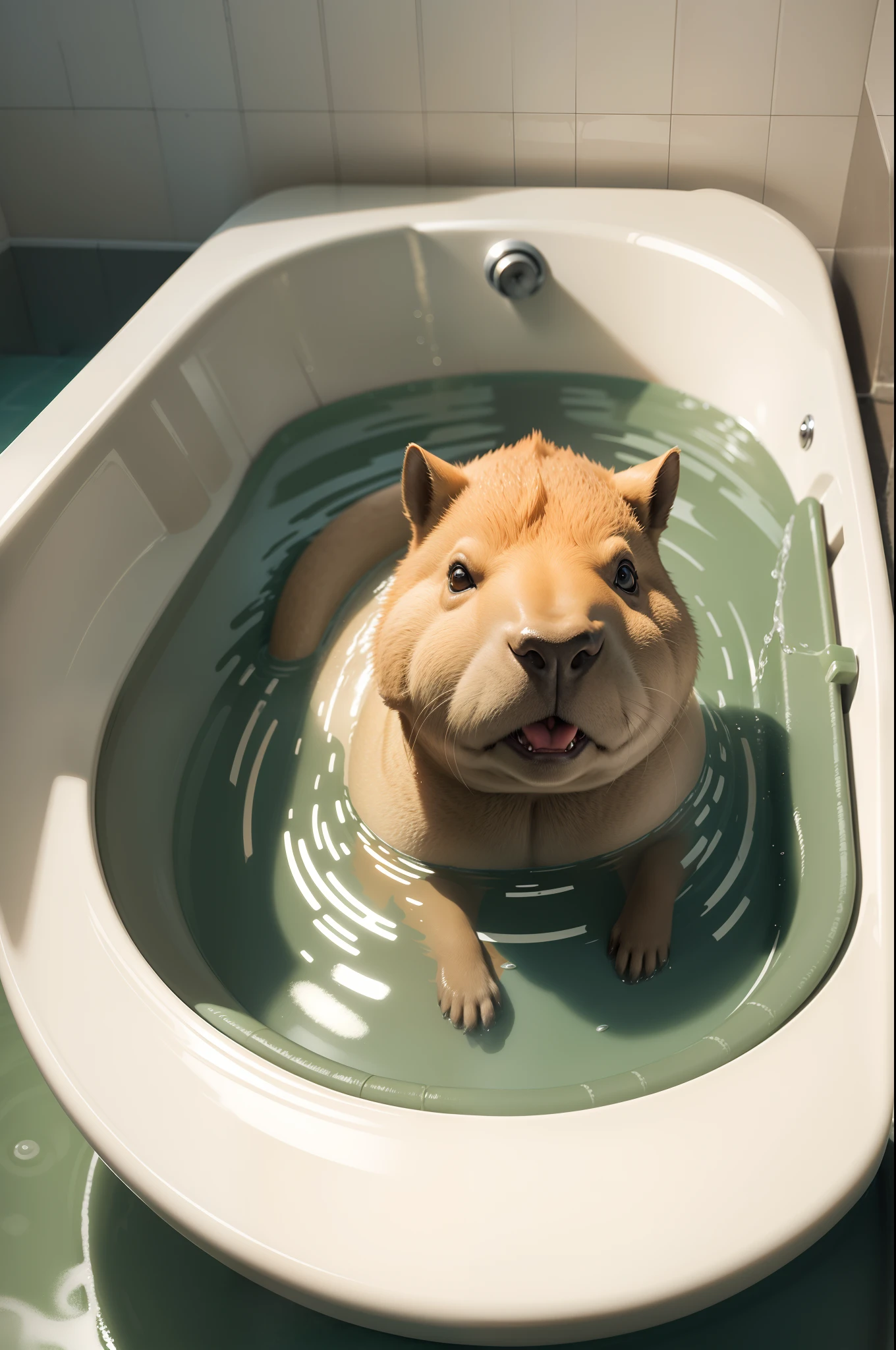 ((masterpiece, highest quality, High resolution)), ((Highly detailed CG integrated 8K wallpaper)), ((capybara)), Relax in the hot springs, Wrap a towel around your head and soak in hot water,