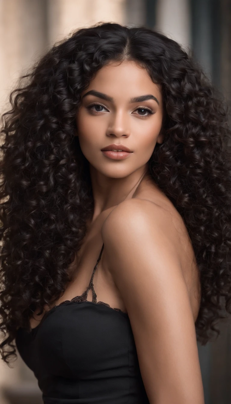 A beautiful and amazing black Brazilian woman,portrait of upper body,Free curls, Black curly hair, (dark shorter curly hair), Wild black long curly hair, multiversal hair, Brazilian, Short black curly hair, Curly black hair, Curls, wavy hair spread out, Baroque curls, curlies, curly, Fair curly hair, Hair texture, curly bang
