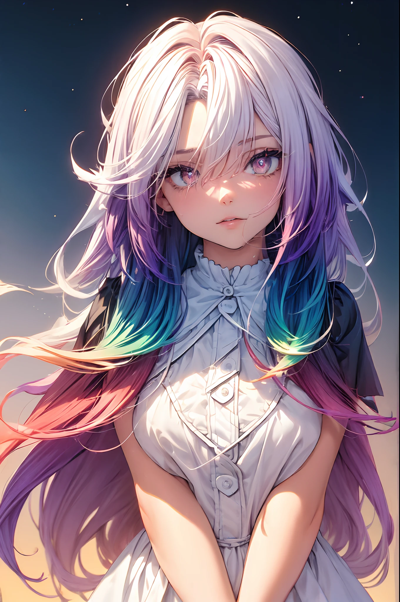 (gradient hair:1.6), dutch angle, film grain, chromatic aberration, starry sky, masterpiece, best quality, raw photo, photorealistic, absurdres, 1girl, cute, perspective, cowboy shot, highres, ultra detailed, finely detail, detailed eyes and face, sharp pupils, realistic pupils, sharp focus, summer, (white long dress:0.6)