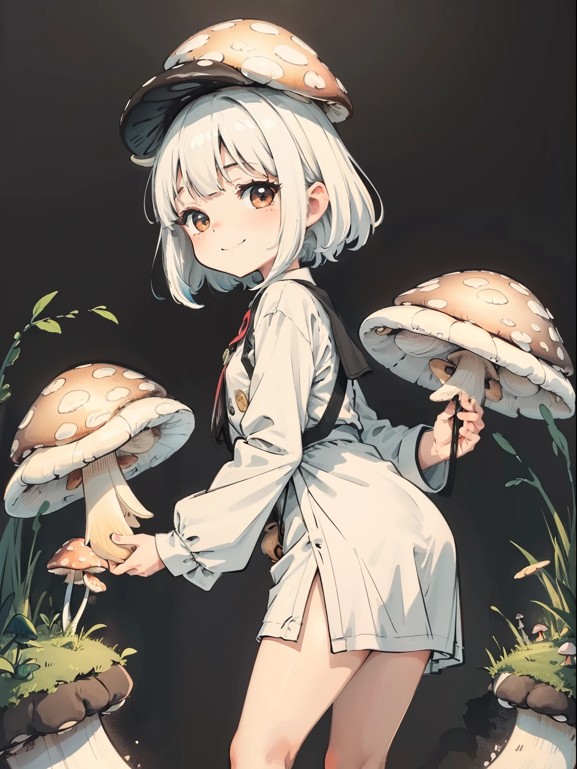 Simple drawing, Mushrooms and girls, tchibi, Cute, Big smile, Dark room, glowing mushrooms, Mushrooms + Mushrooms + Mushrooms + Mushrooms + Mushrooms, Mushrooms on the head, From the side Side,Watercolor illustration, Perfect anatomy, Masterpiece, Best quality, 1girll, Loli,, Solo, (with short white hair:1.2),Nature, landscape