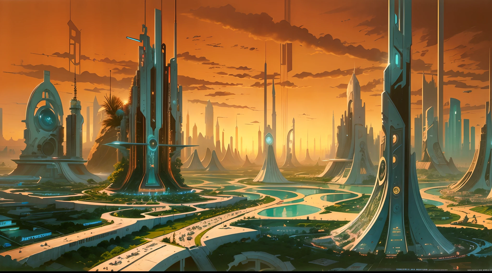 Future City at sunset Roger Dean Style