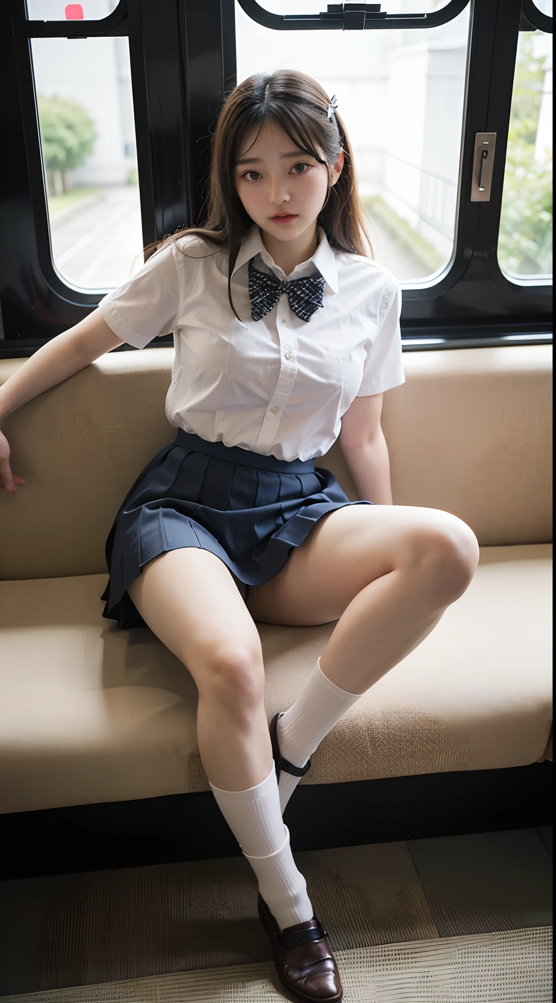 low  angle shot,Alafed asian woman in short skirt and bow tie sitting on train, Cute Schoolgirl, japanese girl school uniform, wearing japanese school uniform, Japan school uniform, a hyperrealistic schoolgirl, dressed as schoolgirl, a hyperrealistic schoolgirl, Wearing school uniform, Realistic Schoolgirl, girl wearing school uniform, Wearing a school uniform, of a schoolgirl posing, Full body, Nice skin, Glowing skin, lovely thighs,glowing thigh, Wet glowing legs exposing the abdomen