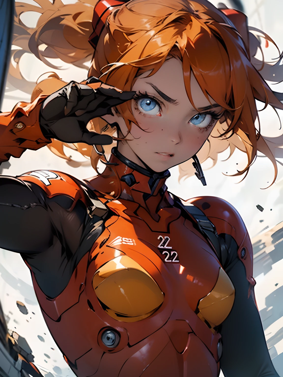 Asuka Langley Soryu，Blue eyes，hair between eye，head gear，Interface headset，Orange hair，battle garment，actionpose，Thick coating，album covers，Storytelling images