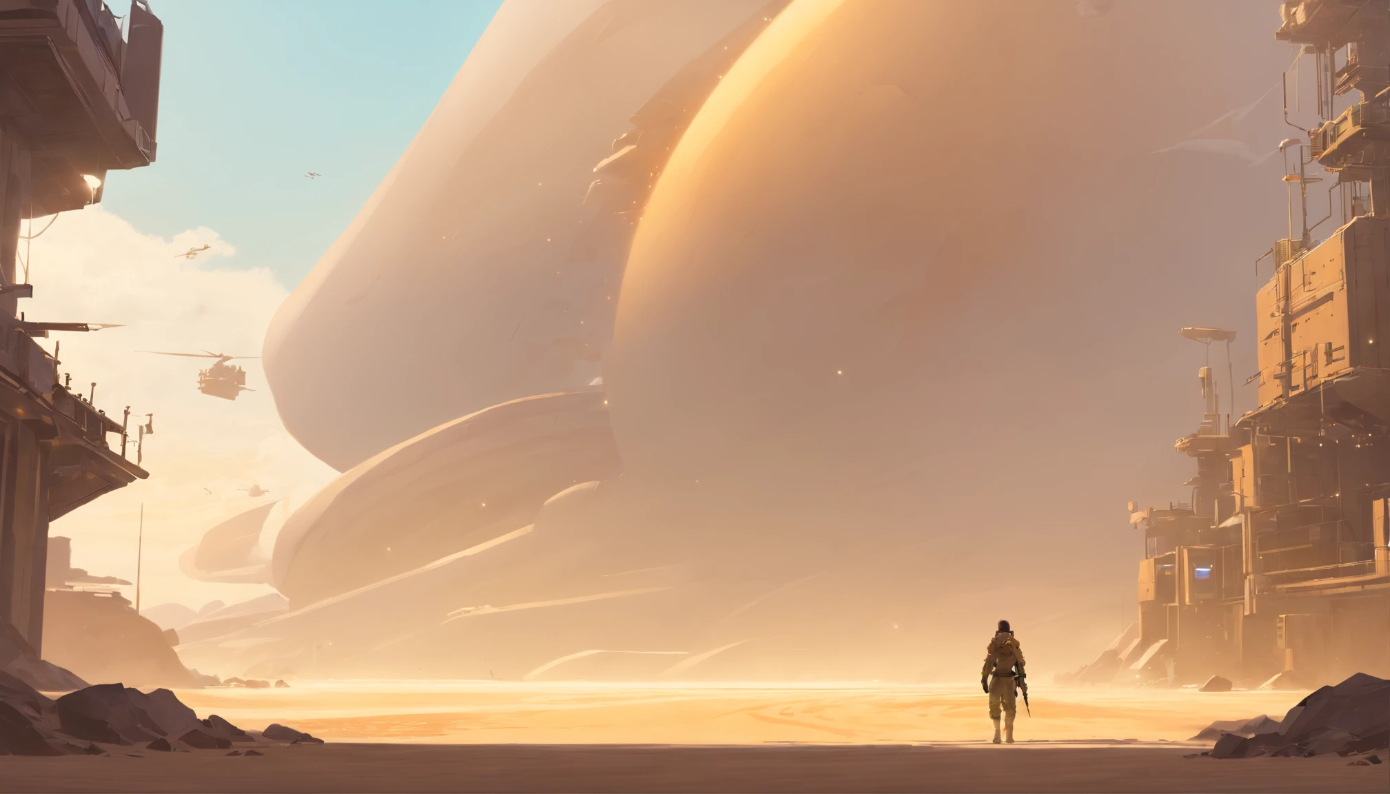 Dune concept art，Clean and neat tones，Sci-fi base scene，Huge scene，Square-shaped complex，Soviet aesthetic architecture，huge buildings，There are many spaceships in the air，Size contrast，crowd of， Soldiers versus soldiers， Big scenes of war，smog，epic concept art，Fine 8K，vray，Wasteland Science Fiction
