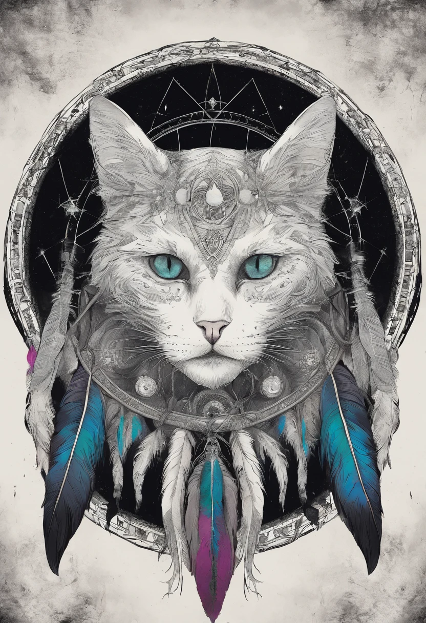 (White cat in the circle of colorful dream catchers),"T-shirt design with circular silhouette of cat face, Crescent, and stars in the