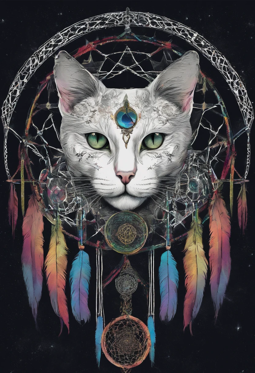 (White cat in the circle of colorful dream catchers),"T-shirt design with circular silhouette of cat face, Crescent, and stars in the