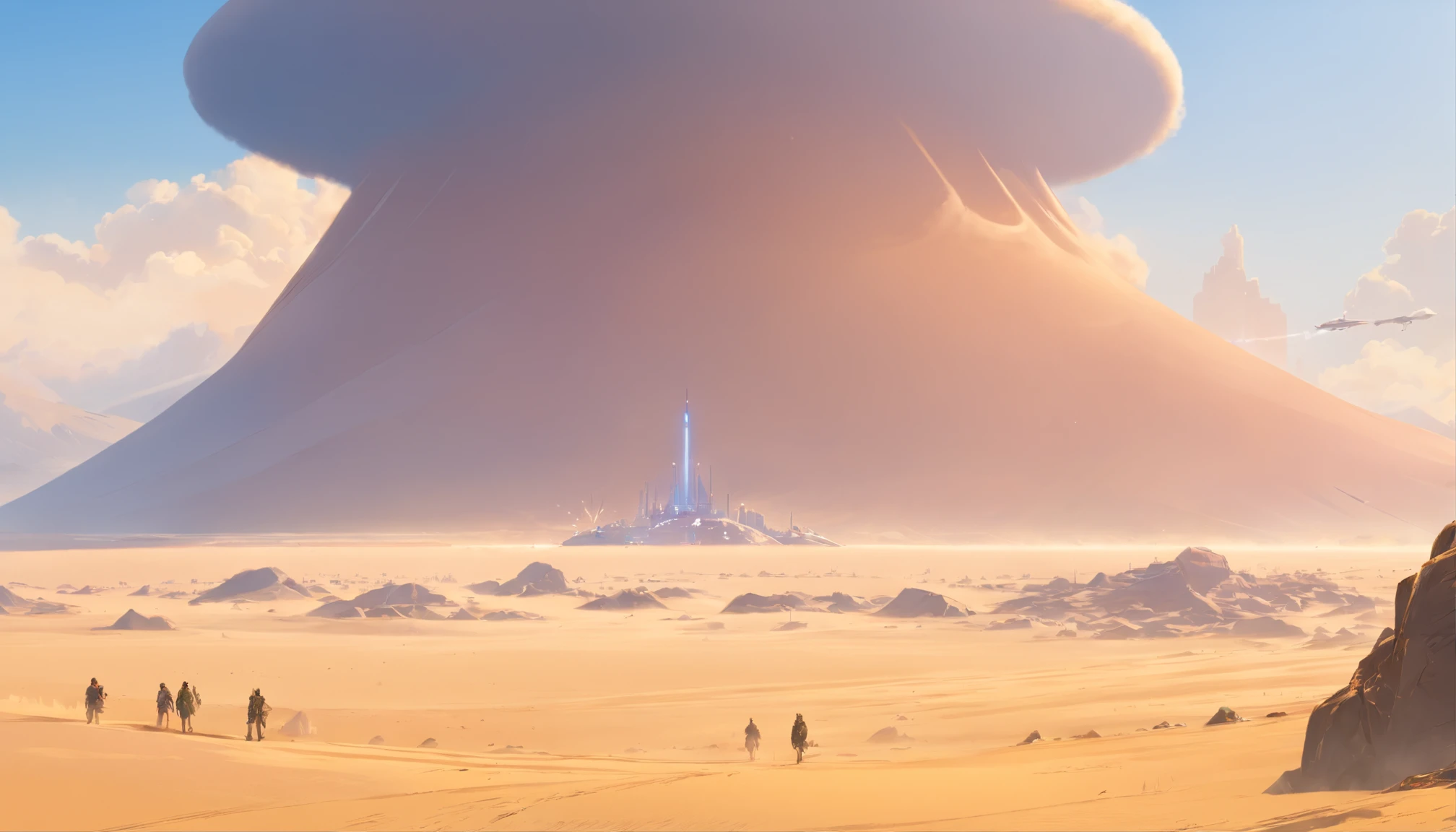 Dune concept art,Clean and neat tones,Sci-fi base scene,Huge scene,Square-shaped complex,Soviet aesthetic architecture,huge buildings,There are many spaceships in the air,Size contrast,crowd of, Soldiers versus soldiers, Big scenes of war,smog,epic concept art,Fine 8K,vray,Wasteland Science Fiction