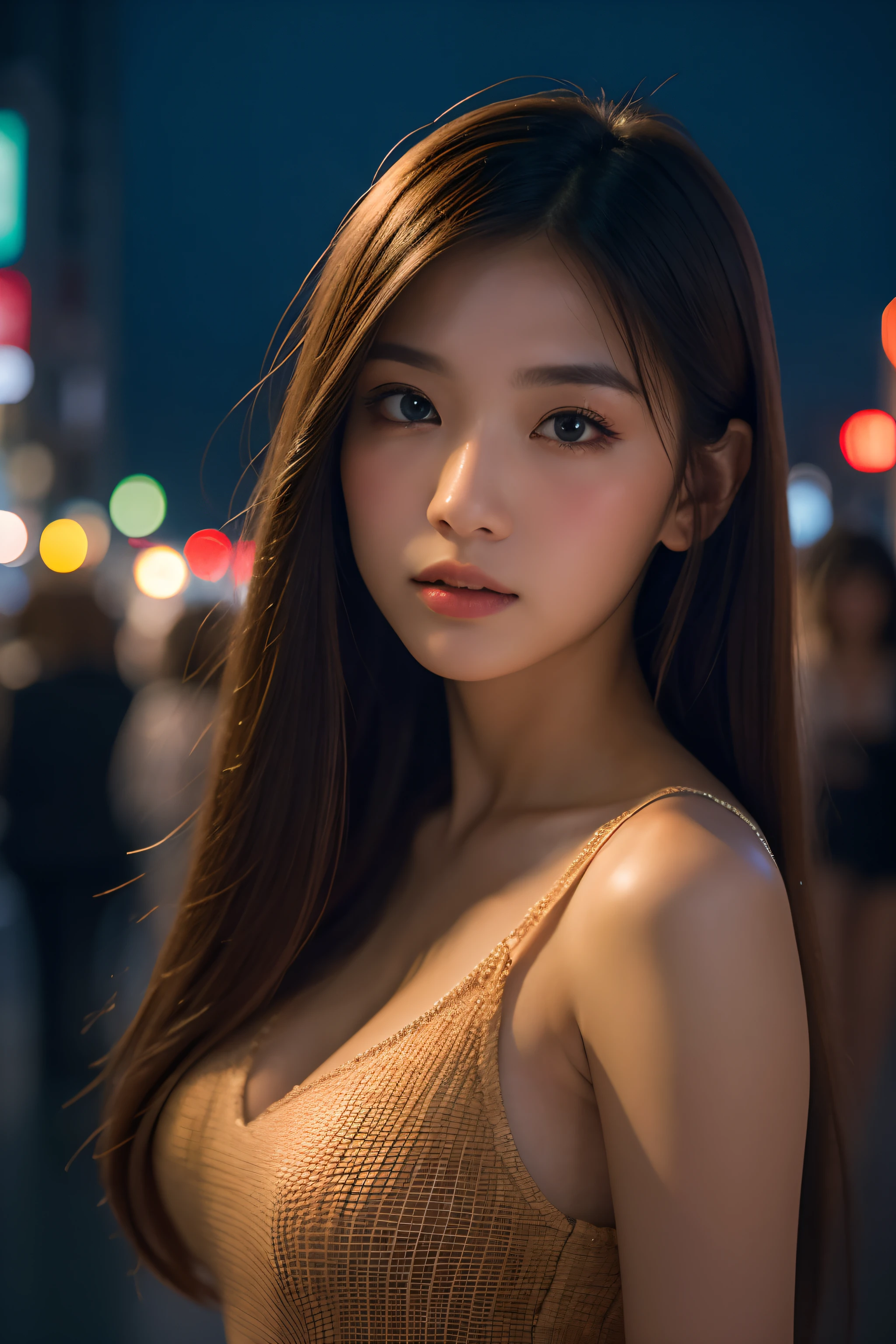 1girl, Tokyo street,night, cityscape,city lights, upper body,close-up, 8k, RAW photo, best quality, masterpiece,realistic, photo-realistic,