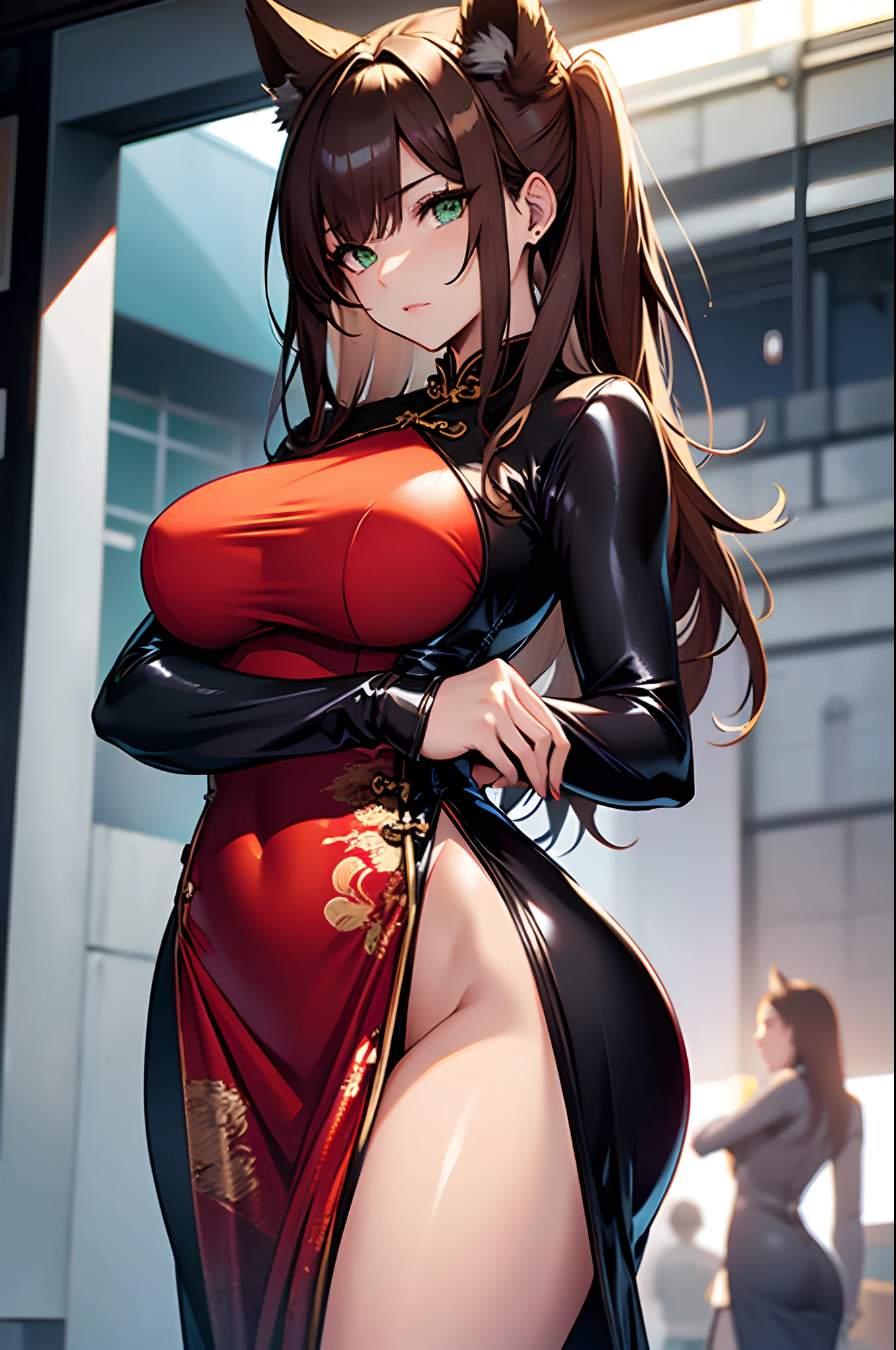 one woman, fox ears, fox tail, mature woman, green eyes, dark brown hair, shiny clothes, Chinese dress, Cheongsam, sexy, SFW, latex, thick thighs,