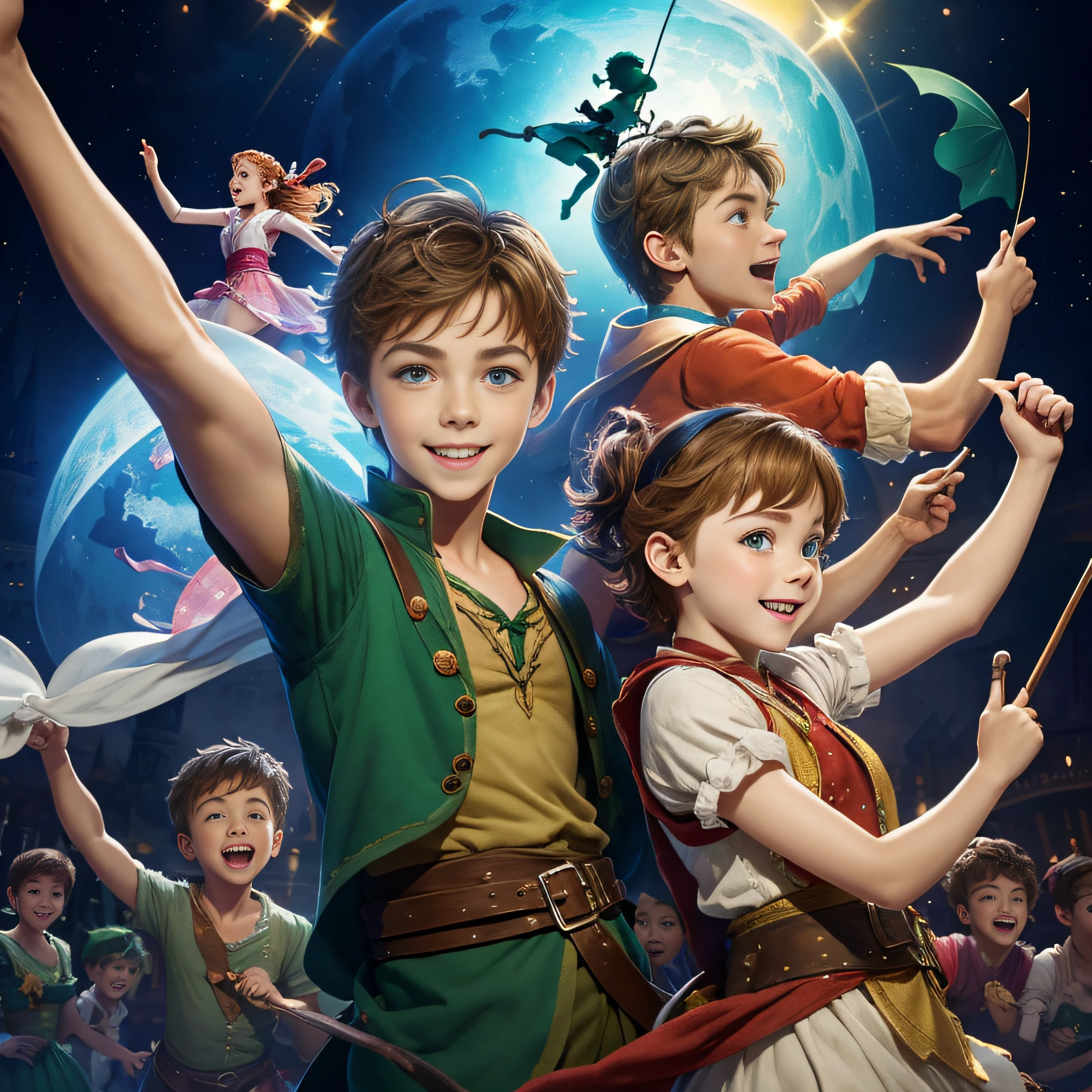 musical, (Peter Pan and his friends), inging and dancing and having fun, peter pan dancing in the air, Full of dreams and hopes, National Theatre, Various kinds of colorful lights, audience, (Masterpiece), 8K, (Best Quality), Ultra high details