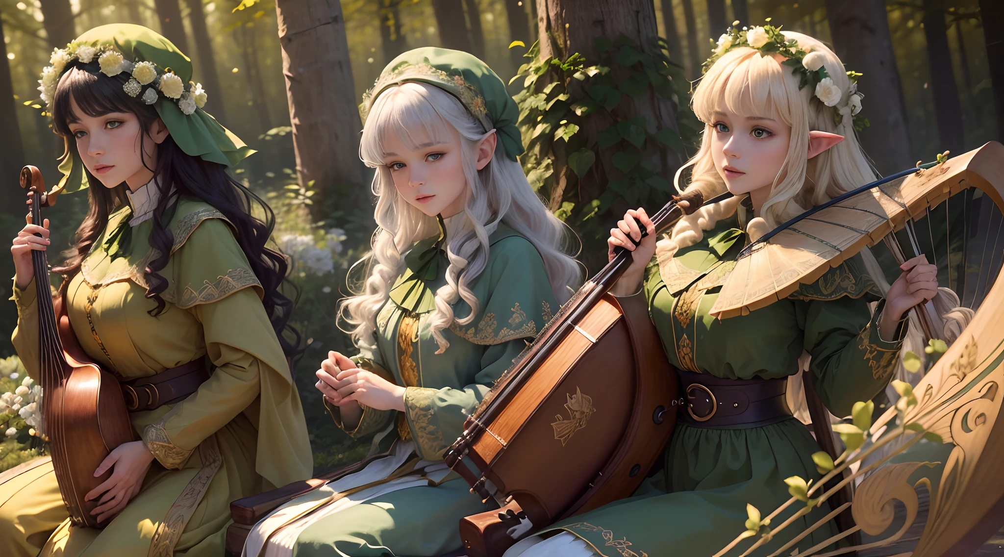 (master piece, Highest quality, High definition, High detail, Best quality:1.2), 8k, Extremely detailed, Higher resolution)) (Elfe des bois jouant de la harpe) (souriante, dressed in soft silk in the colors of the forest, cheveux long brun, Ivy melee, de fleurs et de feuilles, Green coat with gold embroidery) (fleurs de bleuet et coquelicot) (panoramic lighting, atmospheric perspective, aube, Lissage: 5D, peinture laser, couleur, beau visage, Traits du visage clairs) Stunning details. ((( Jouez de la harpe irlandaise sur vos genoux))) ((master piece, Highest quality, High definition, High detail, Best quality:1.2), 8k, Extremely detailed, Higher resolution)) (Elfes des bois jouant de la harpe, musique celtique, musique des bois (harpe, violon, guitare,flute)) (souriantes, dressed in soft silk in the colors of the forest, cheveux long brun, Ivy melee, de fleurs et de feuilles, Green coat with gold embroidery) (fleurs de bleuet et coquelicot) (panoramic lighting, Lissage: 5D, photographie HDR, couleur douce, beau visage, Traits du visage clairs) Stunning details. ((Play the Scottish harp on your knees) (playing Scottish bagpipes))