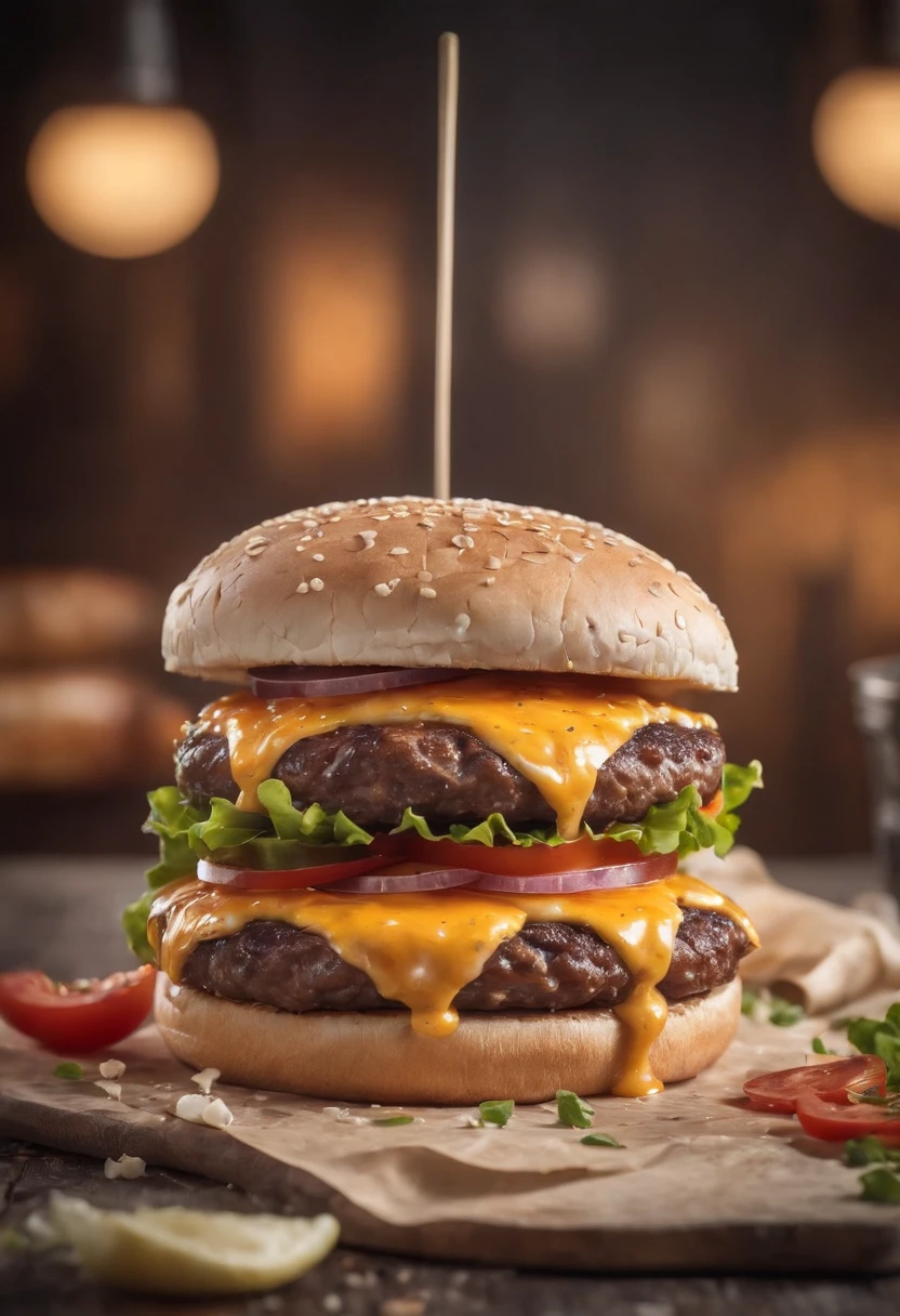 A burger falling in pieces juicy, tasty, hot, promotional photo, intricate details, hdr, cinematic, adobe lightroom, highly detailed