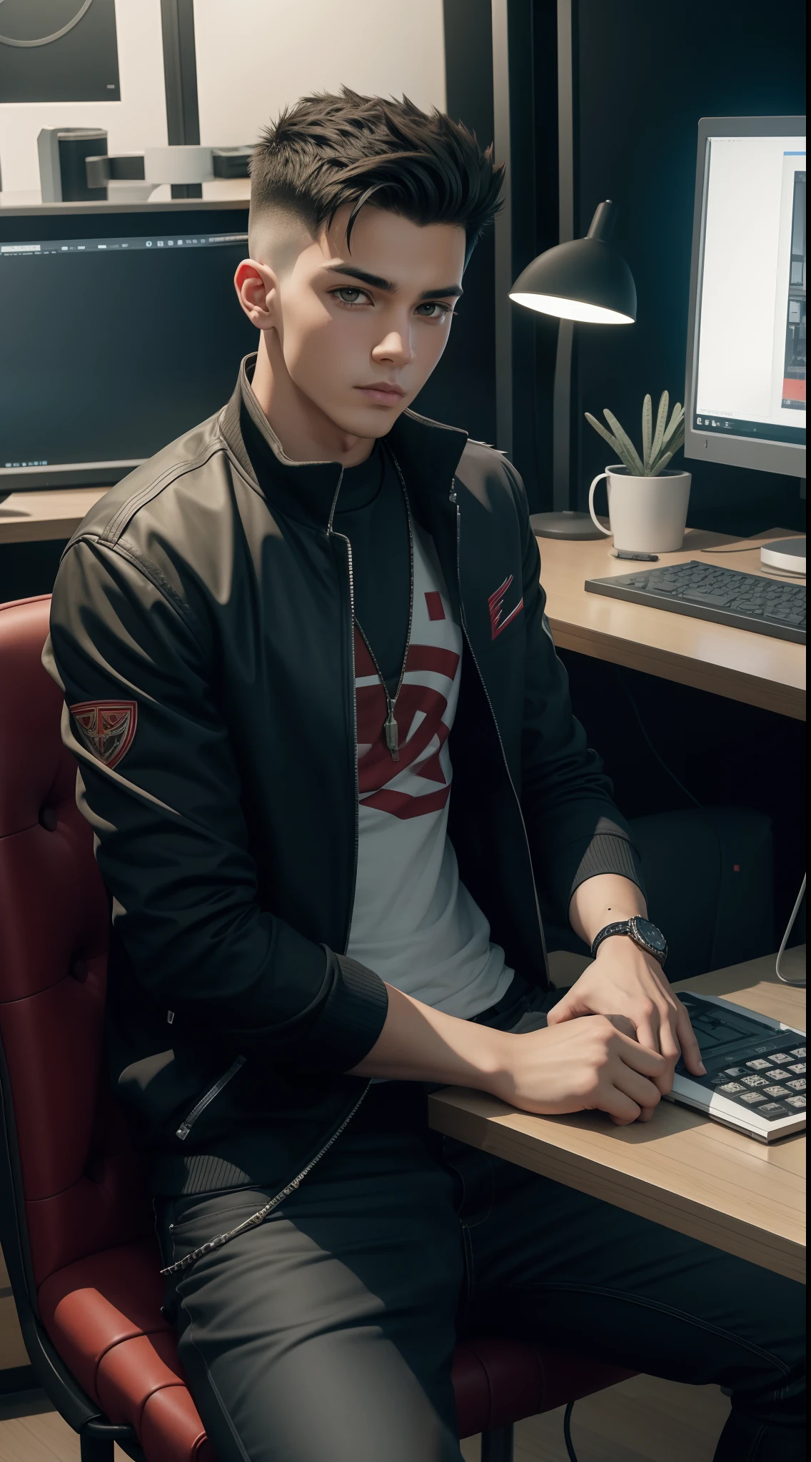 young man name urban legend with short spiky hair in Studio co seeing camera front siting on chair alone show full body