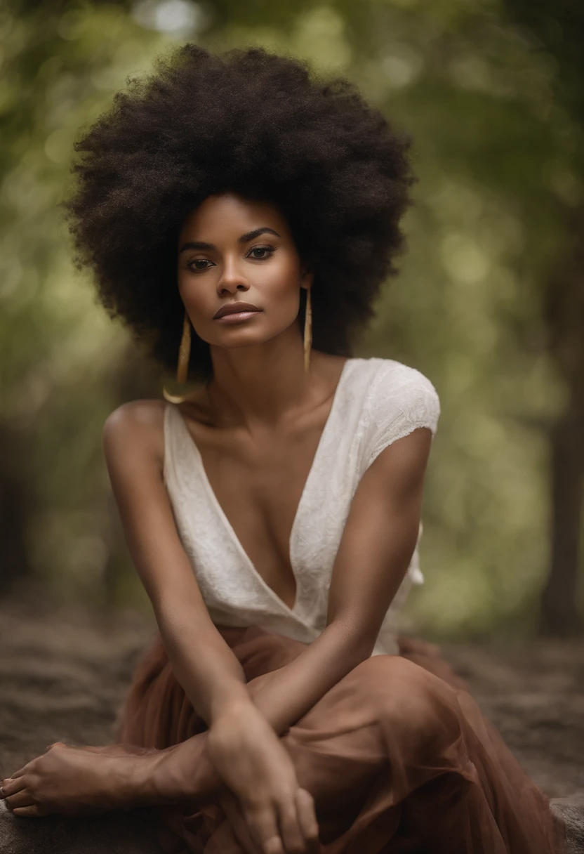 There is a woman with very big afro hair posing for a photo, a digital rendering by Juan O'Gorman, Gagnant du concours Shutterstock, Afrofuturisme, afro, cheveux afro, with textured hair and skin, avec afro, peau brun clair, peau brune. light makeup, Métis woman, peau brune, diffuse natural radiance of the skin, peau brune, Realstic