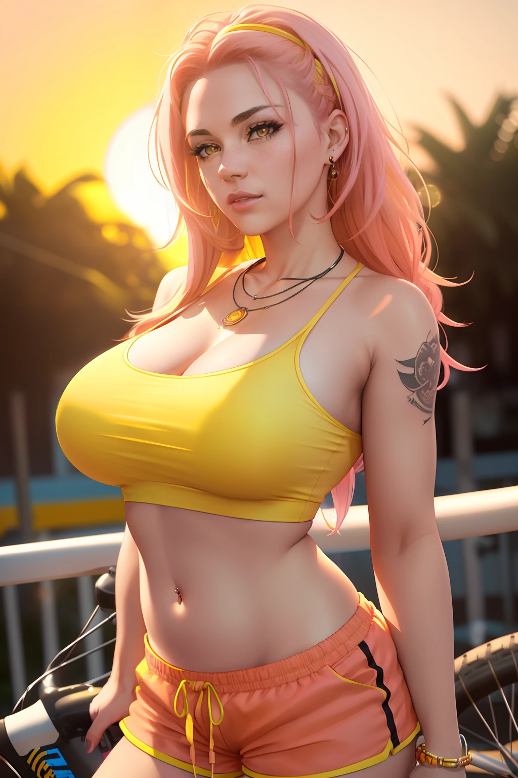 a woman big breasts in a white top and pink shorts is standing next to a bike with a yellow background and, by Quentin Tarantino, 1girl, bracelet, brown_hair, jewelry, letterboxed, lips, long_hair, makeup, medium_breasts, midriff, nail_polish, navel, necklace, nose, orange_sky, pink_shorts, realistic, shorts, solo, sun, sunset, tattoo,wristband, yellow_background, yellow_sky, beautiful detailed glow, detailed, Cinematic light, intricate detail, highres, detailed facial features, high detail, sharp focus, smooth, aesthetic, extremely detailed, stamp, octane render,