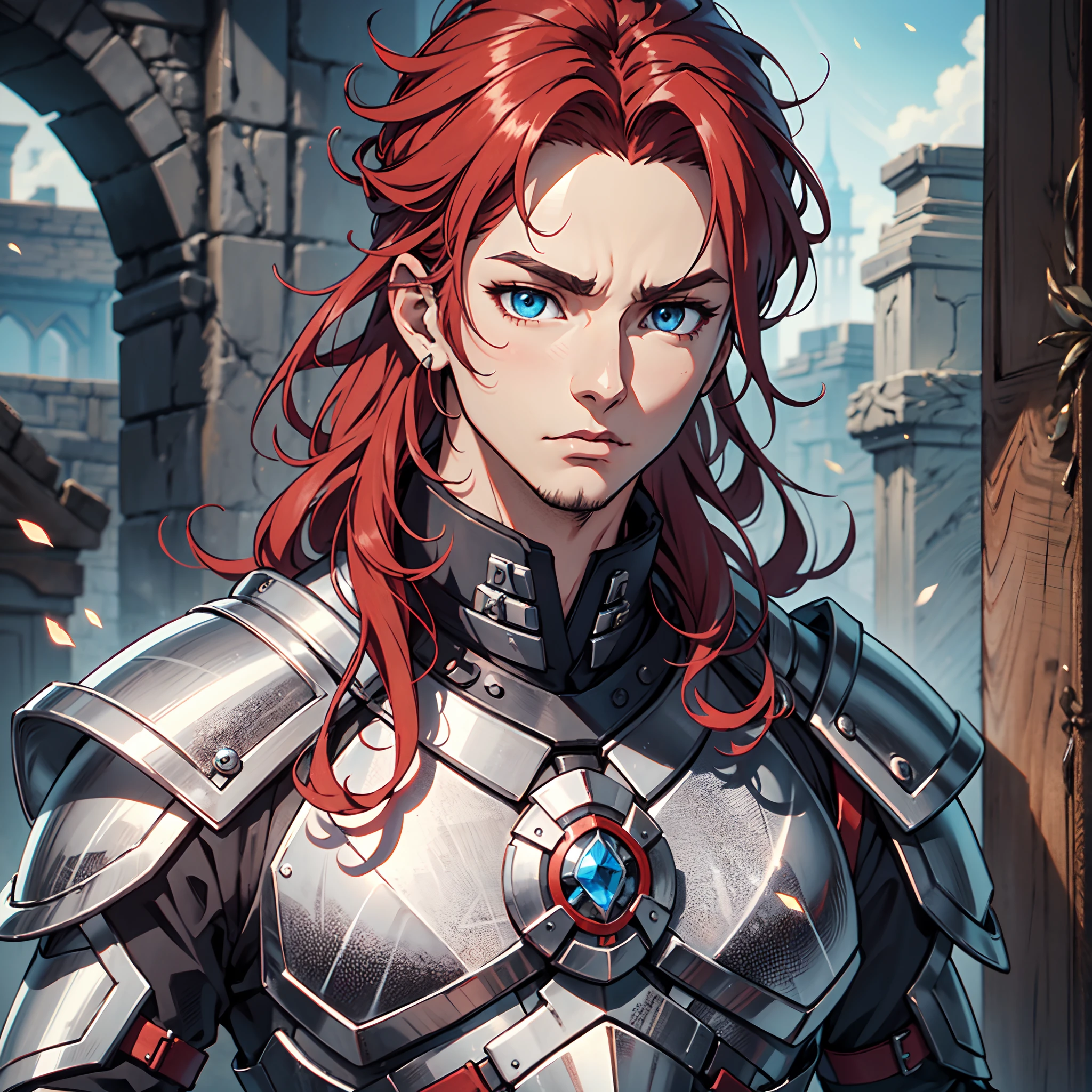 Ultra High Definition, Ultra High Quality, Extremely Detailed, Perfectly Detailed, Masterpiece, 8k, 1 Boy, Look A Like Xin From Kingdom Anime, Handsome, Equipped With All Solid Black Paladin Armor, Solid Light Blue Eyes, Long Red Hair, Body Shot, Ancient Kingdom Background