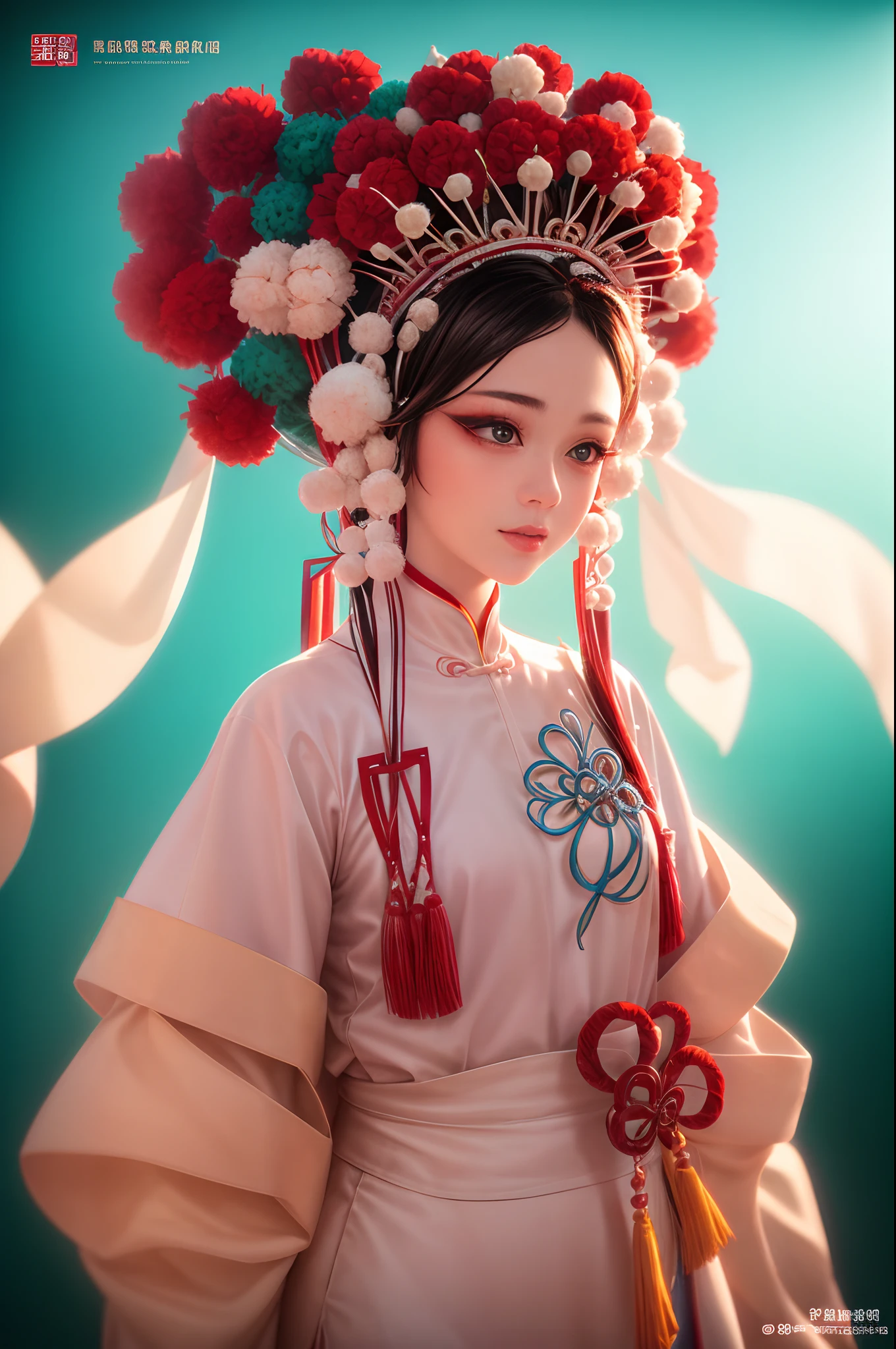 Resolution and quality: 8K, top quality, realistic, medium photography, grainy photos Photography style and effect: Dynamic action, pale and faded style, dreamy nostalgia, soft focus, vignetting, light leak Model information: Cute white facial expressions, delicate makeup, bright sparkling eyes, A female height of 1.8 meters Costumes and accessories: Blue and white Peking Opera costumes, Chinese opera, Peking Opera costumes, red pom-pom headpiece Scenes and backgrounds: Attic interior backgrounds, green waves, red and white color scheme Momentum and emotions: Grand and spectacular, majestic momentum, characters' happy expressions, crazy and complex Techniques and details: Ultra-detailed carving, miniature photography techniques, super realistic photo-level