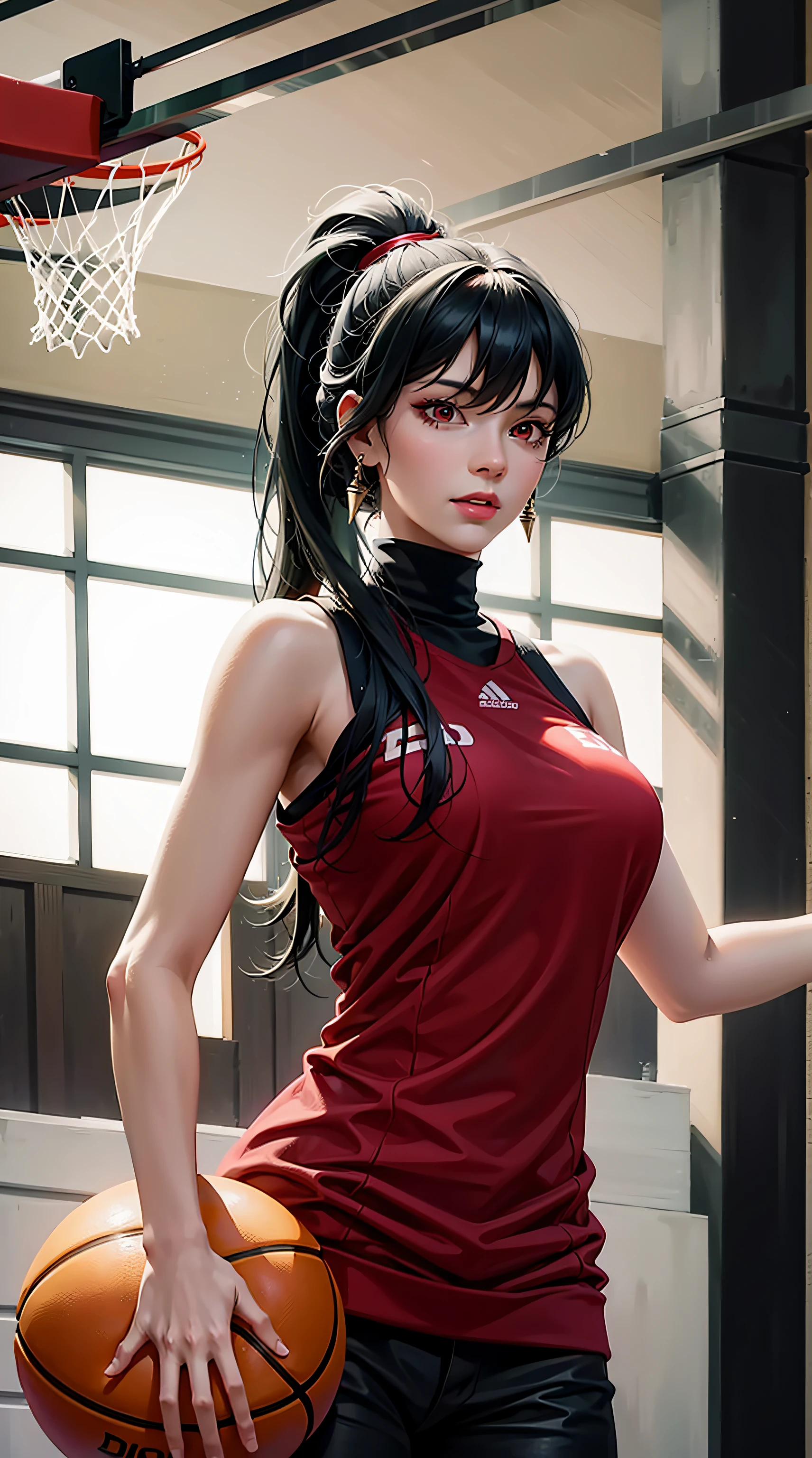 aayorf, red eyes, black hair, long hair, ponytail, beautiful, beautiful woman, perfect body, perfect breasts, wearing a basketball jersey, on the basketball court, holding a basketball, basketball hoop, looking at the audience, smiling slightly, realism, masterpiece, textured leather, super detailed, high detail, high quality, best quality, 1080p, 16k