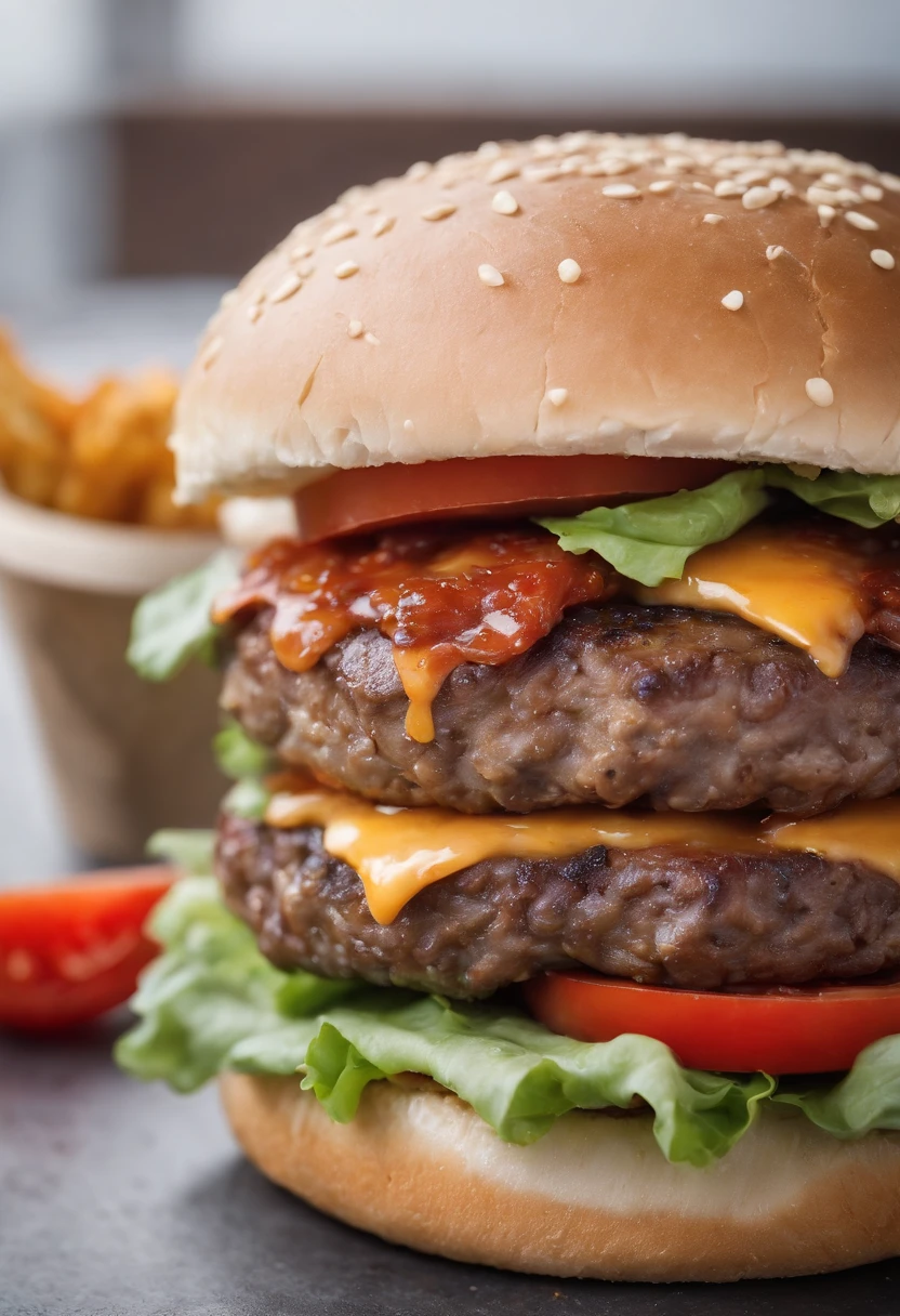 Ein Burger, which falls into pieces juicy, lecker, hot, Werbefoto, komplizierte Details, HDR, filmisch, Adobe Lightroom, sehr detailliert,zwiebeln,tomaten,