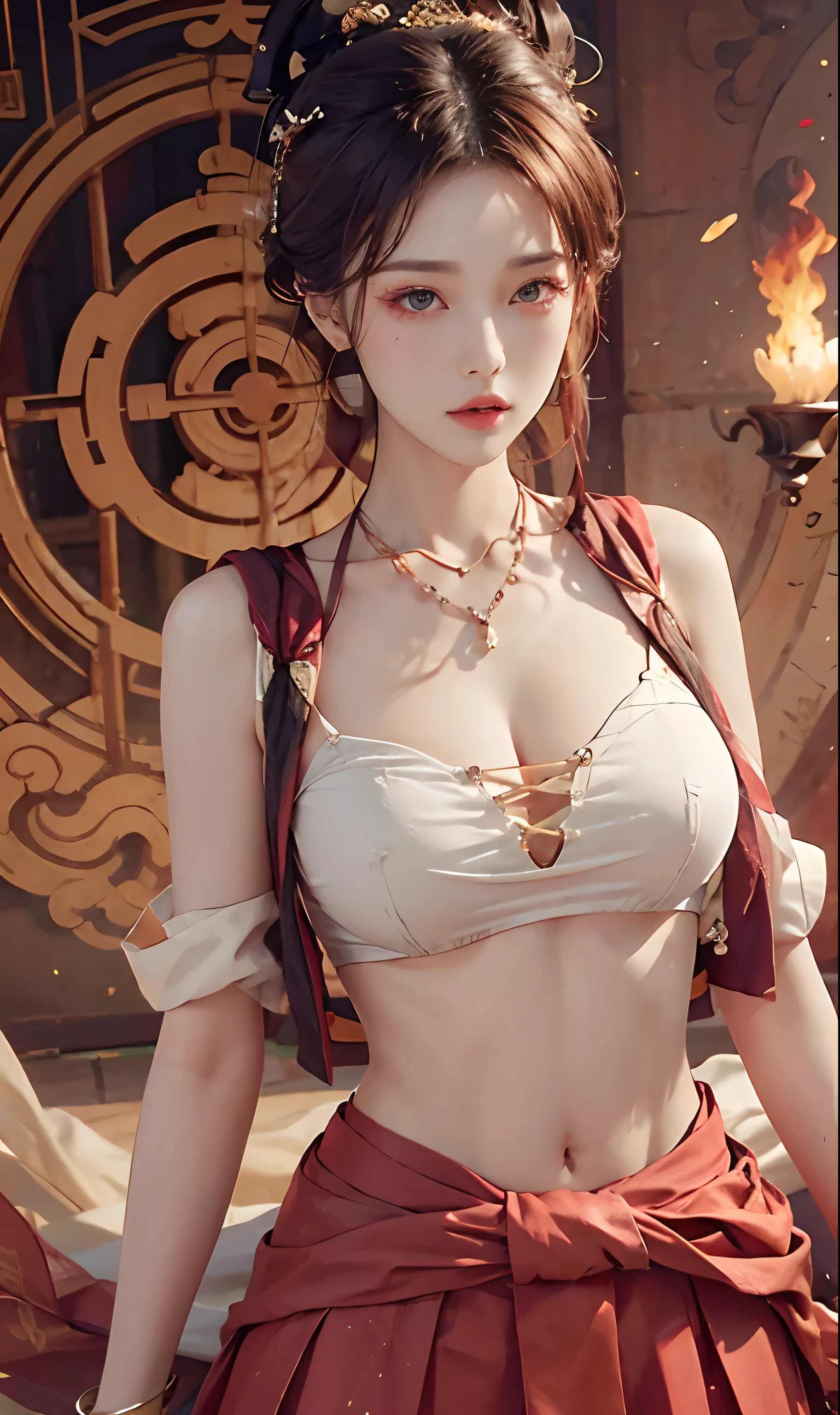 realistic, 1 women, best quality, 12k, HD, long hair, big round breasts, cleavage, ponytail, necklace, jewelry, shorts, short jacket, slim hips, hair tie, yellow eyes, black hair, super detailed, Eye details, hair details, person details, mouth details, face details, breast details, clothes details, hair details, pants details, hand details, whole body