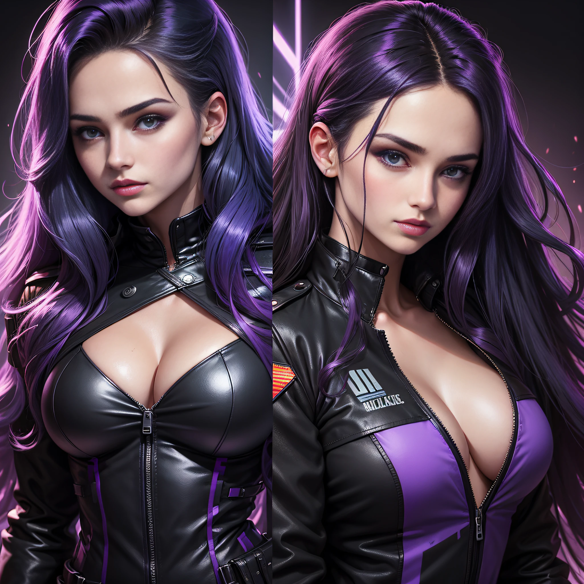 ((masterpiece)), ((realistic)), portrait of a 25 years old beautiful woman wearing a black military jacket, deep cleavage, long wavy black hair with neon purple and blue highlights and lighting, detailed sensual face, plain black background, purple neon lighting