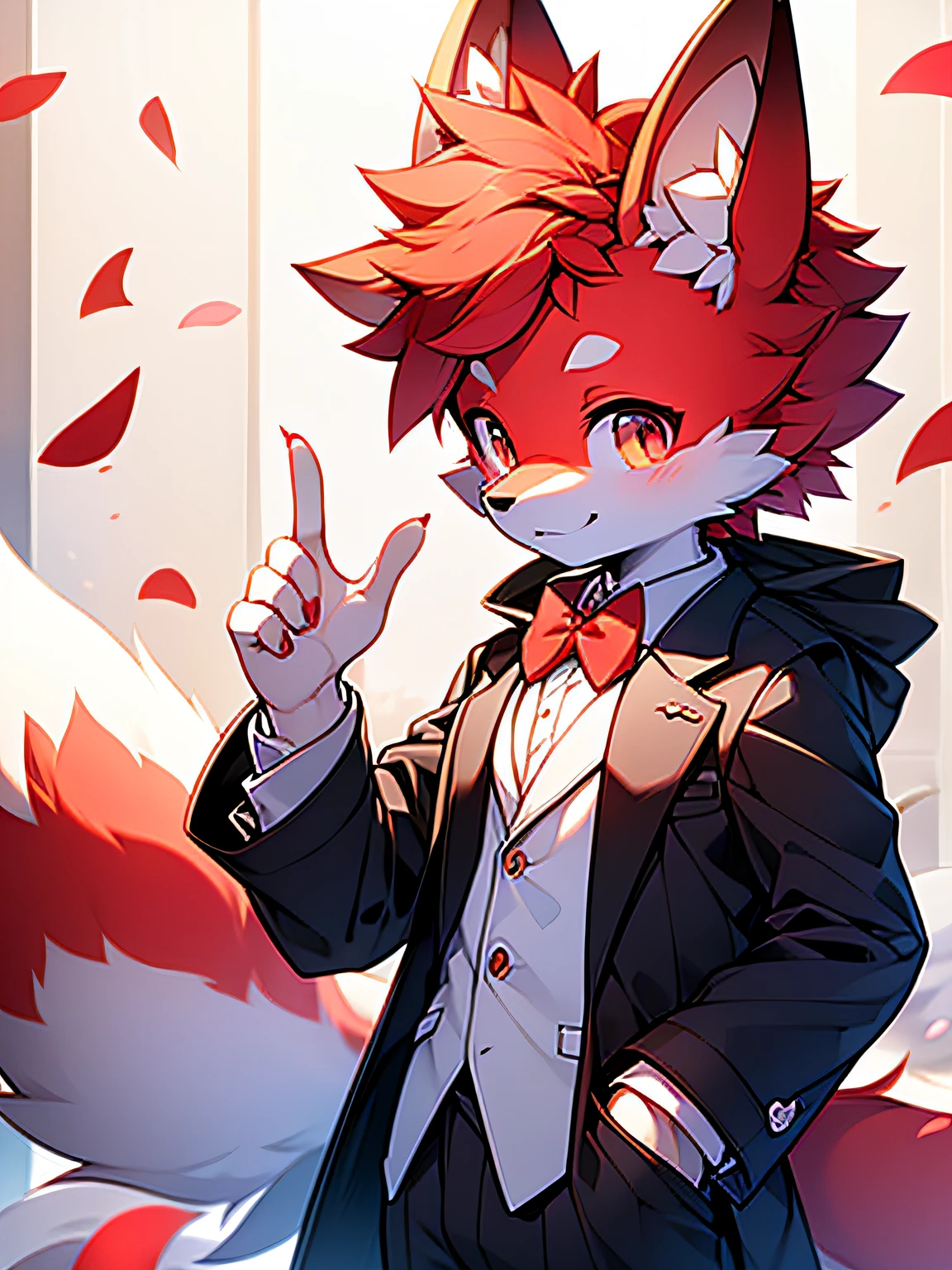 Suits,Youthful,vibrant,Side view,hand sign,Red hair,White fur,Bold red cloud-like pattern,Illustration style,refreshing colour,Soft lighting，Five fingers，Big tails flying，Pocket ，Blue vertical pupils，solo person，shoun，Backdrop，ssmile，Flying petals，Handsome，Surface maturity，White gloves，18yr old，Loves