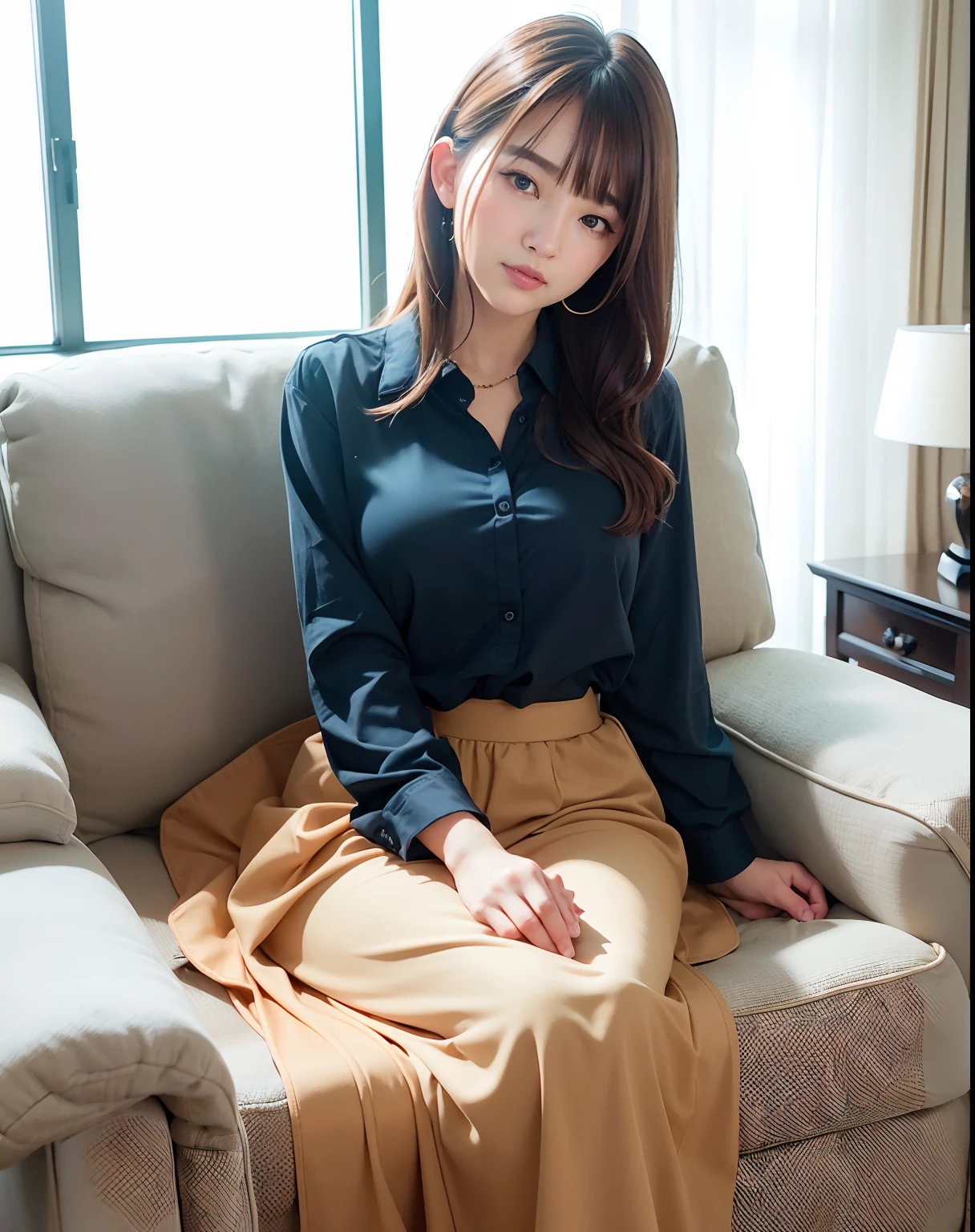 top-quality、facefocus、Soft light、(depth of fields)、超A high resolution、(Photorealsitic:1.4)、RAW Photography、(Moody Lighting、natta:1.2)、bedroom、
(Bust-up shot:1.4)
1日本人の女の子, huge tit、独奏, cute little, (full of shyness, a smile:1.1), (brown-eyed), Detail Beautiful Face, (midi_hair),
(Recliner sofa:1.4)
(The shirt:1.4、long skirt:1.4)