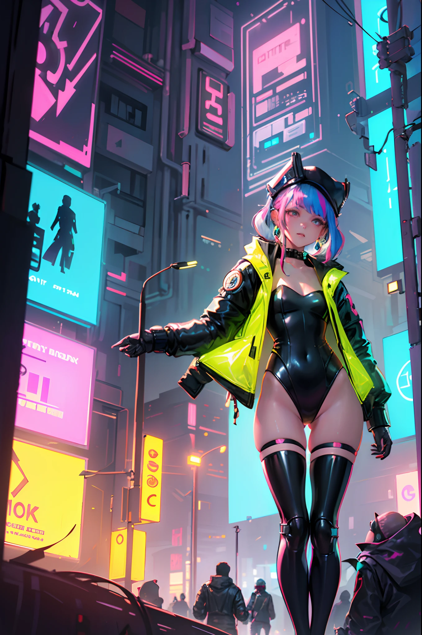 (best-quality:0.8), (best-quality:0.8) 1girl, (small breasts:1.3), (loli:1.2) , (multicoloured latex strapless leotard with neon glowing trim:1.6), light smile, skinny, narrow waist, multicoloured hair, wavy hair, (lipstick:1), latex beret, choker with gemstone, (wearing an open puffer jacket over the leotard:1.6), (transparent latex thigh highs:1.4), hoop earrings, (wide hips:1), (cyberpunk city:1.5), night time, neon lights, (glowing cyberpunk jewellery:1), bondage harness, twintails, (character focus:1.4), small body