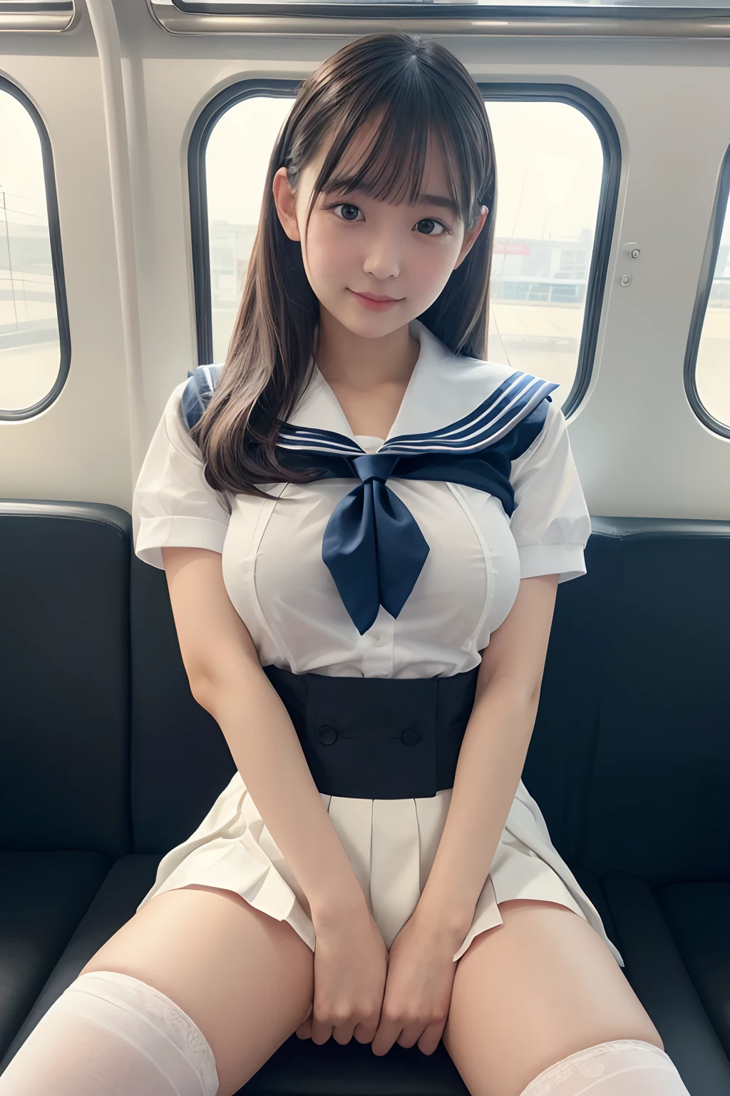 top-quality,ultra-detailliert,​masterpiece,realisitic,Photo Real,Bright lighting,1 girl in, an extremely beautiful , (kawaii:1.2),Thin smile, (Brown eyes),(brown haired),(bangss),perfect glossy skin,flawless skin,((erotick,Sexy and sexually explicit)),((accurate hands without incongruity)), large full breasts,big breasts thin waist, Look at viewers,((a sailor suit)),((Short sleeve uniform white shirt)),(red necktie),(Blue Mini Pleated Skirt),(((skirt lift by yourself))),(lifted by self),(Showing panties),panties on,panties focus,((Sit up,spread legswide)), sockes, (Black knee socks),(Loafer shoes), during daytime,On the train,Horizontal long seat with your back to the window
