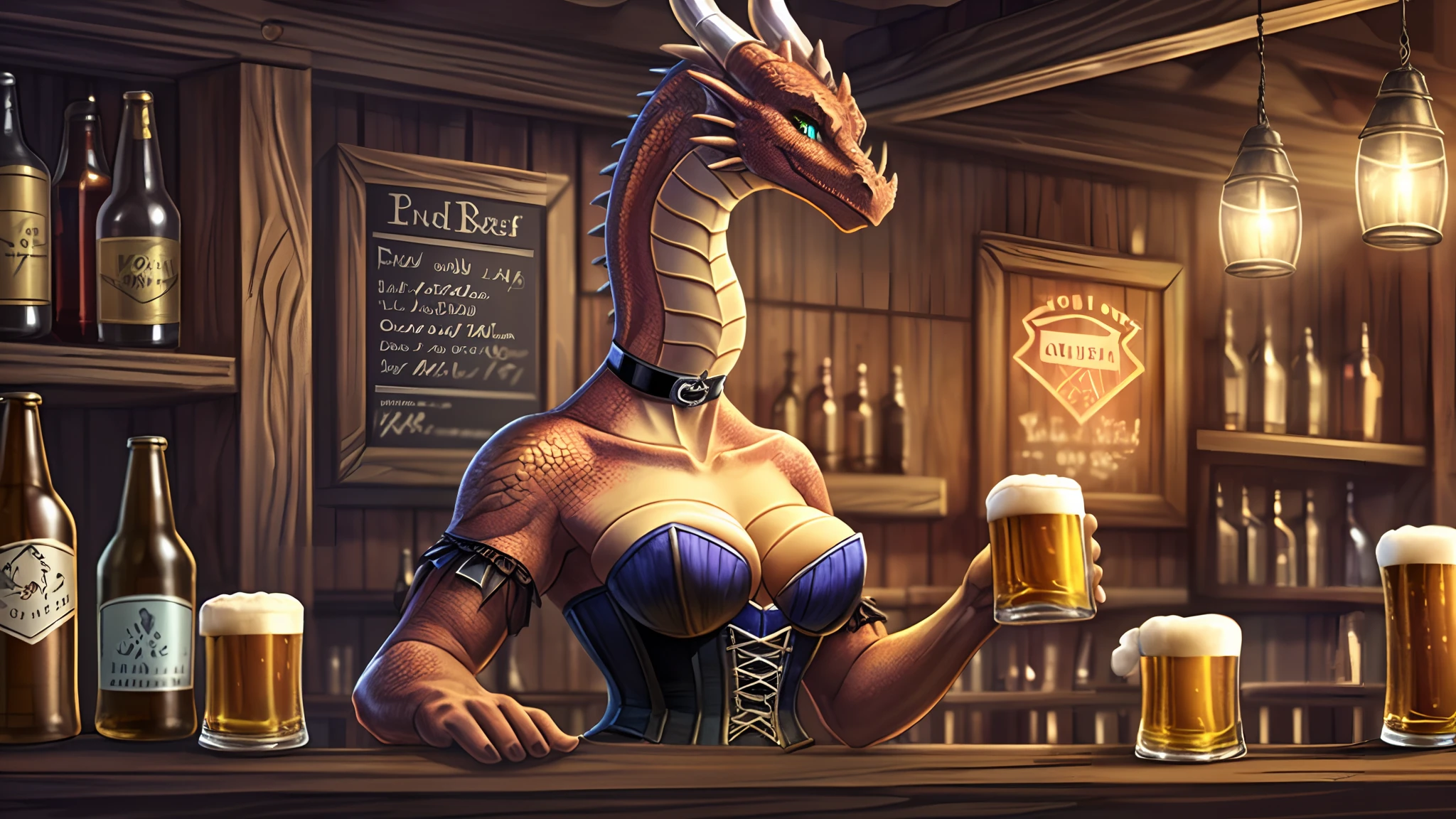 ((bar, tavern, Warm lighting, desks, fantasy tavern)), ((The dragon girl(long neck, choker, corset) behind the bar serves customers)), many people/(Mythical creatures) in the back of the hall, celebrate, Beer is all around