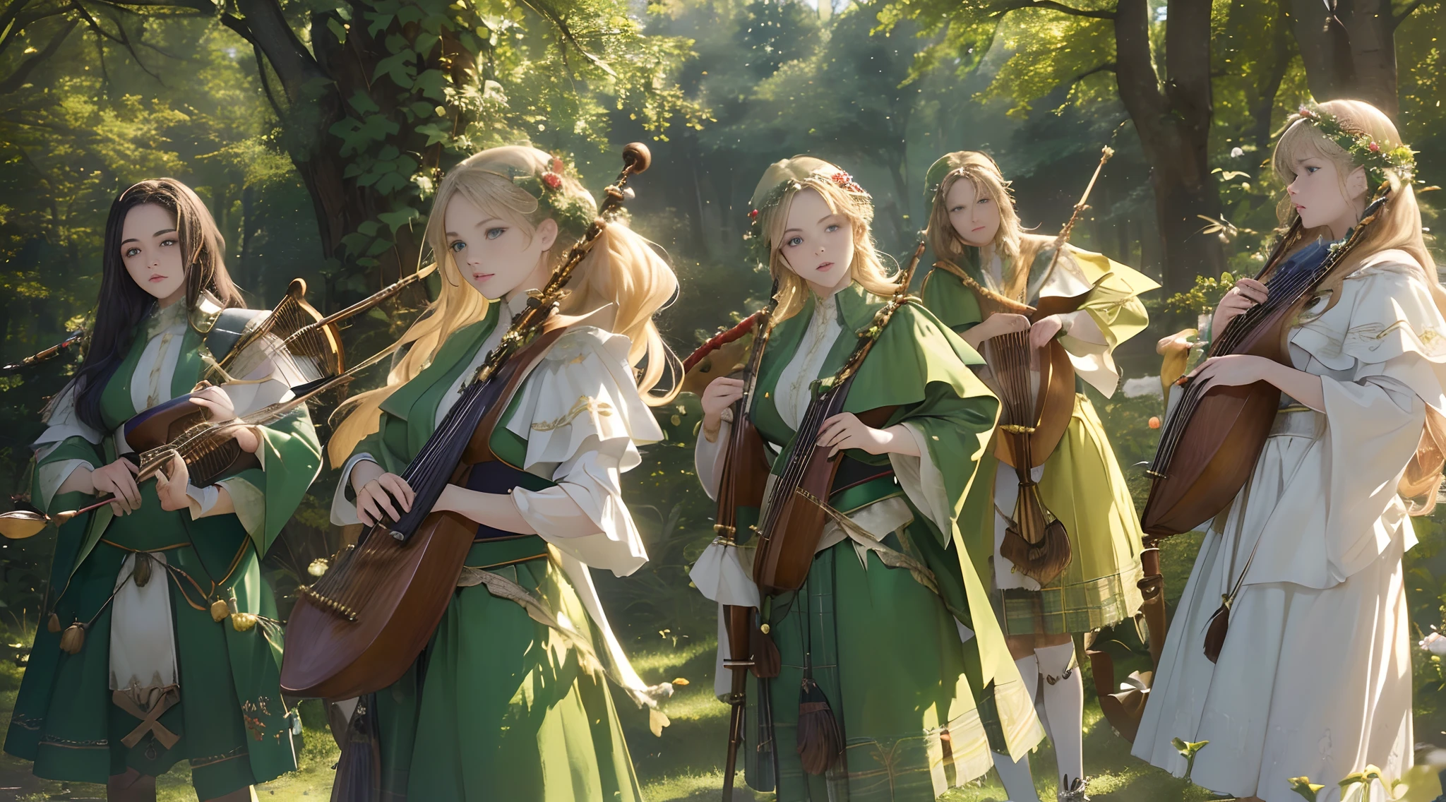 ((master piece, 16k, Highest quality, High definition, High detail, Digital camera, Canon 5d4, Best quality:1.2), , Extremely detailed, Higher resolution)) (Elfes des bois jouant de la harpe, musique celtique, musique des bois (harpe, violon, cornemuse, 8k)) ((Play the Scottish harp on your knees) (playing Scottish bagpipes) (souriantes, dressed in soft silk in the colors of the forest, kilt, (cheveux long brun, Blond, roux), Ivy melee, de fleurs et de feuilles, Green coat with gold embroidery) (fleurs de bleuet et coquelicot) (panoramic lighting, 3d, photographie HDR, couleur douce, beau visage, Traits du visage clairs) Stunning details. ((Play the Scottish harp on your knees) (playing Scottish bagpipes)) Sweet and joyful melody, entendue seulement par les oreilles des elfes et les oreilles aguerrit des humains sensible. (Detailed instruments, 8K, photo)