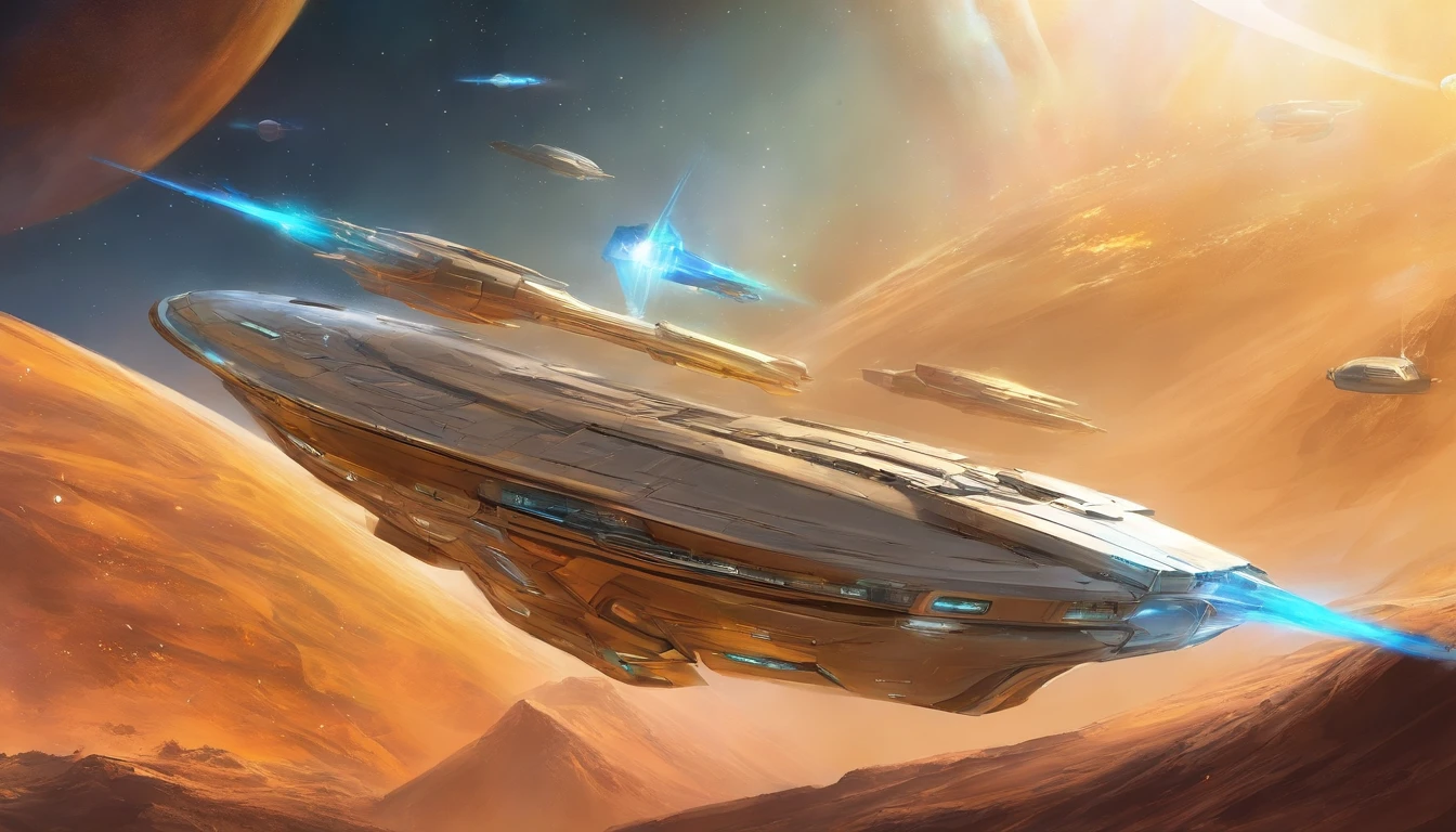 Condenes freighter spacecraft, 50 metros de comprometo, blindagem, ouro, branco, metal. futuristic warship background in futuristic shape flying through space