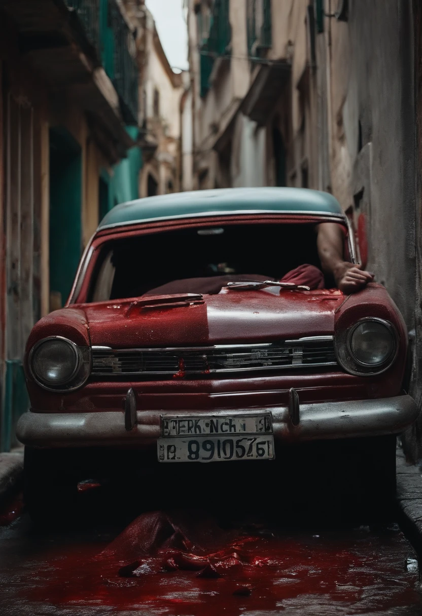 hoody man, black hoody, man lying on down the road ,on the small narrow street, dead , eyes closed, with ruined bumper of the car beside the man, blood everywhere 12 midnight