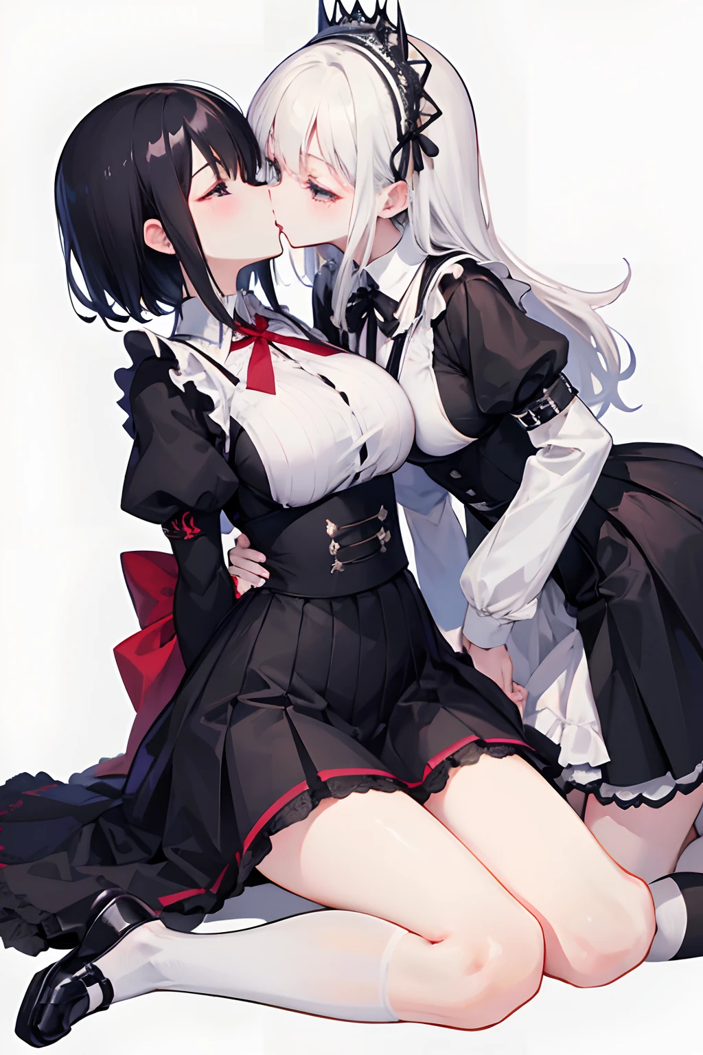 Women(japan) With women(united states) They're kissing. ,White shirt,With school uniform,With a Gothic Lolita bib.,Black Stockings,mediuml breasts,princess,queen,bride,aroused,full body image, Black background