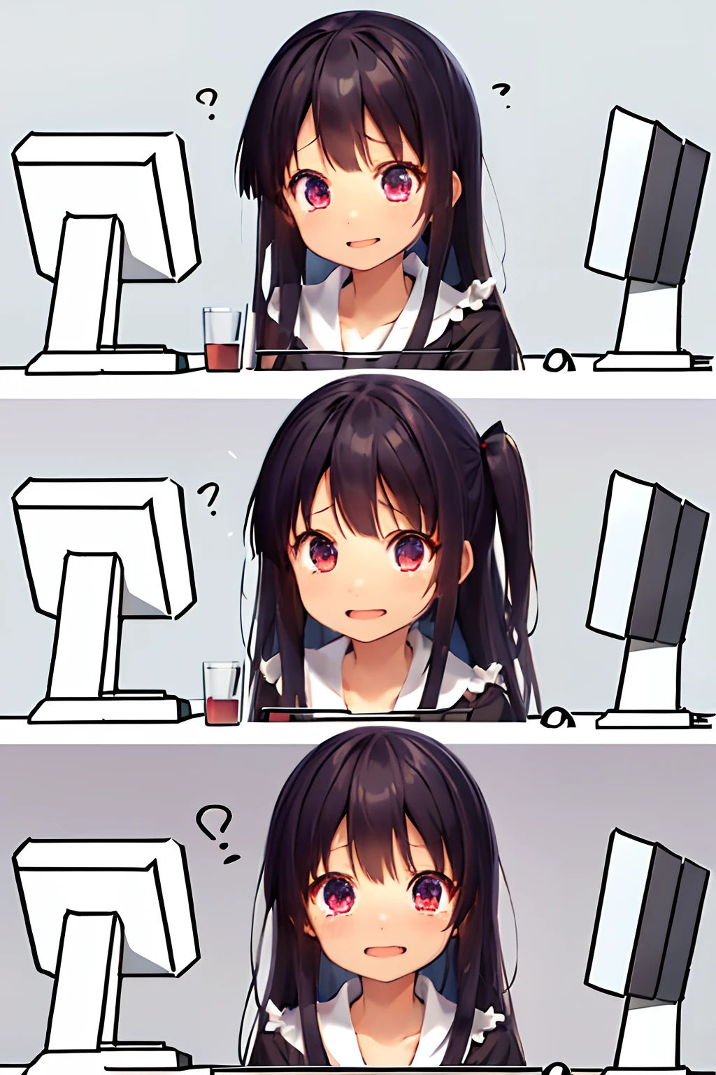 is crying、tears、Highly detailed, High quality, masutepiece, Beautiful, 2 frames of a girl sitting confused in front of a computer, kafka, Purple eyes, Jacket,