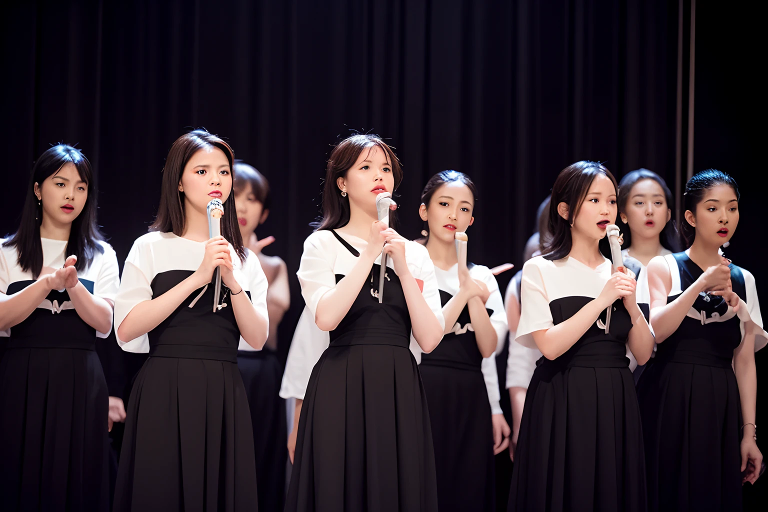 photo a group of beautiful women in a classical choir on stage singing, perfect_face, 8k, UHD, studio lighting, best_quality, masterpiece, realistic_skin_texture, Lustful, film grain, Ilford HP5, 80mm