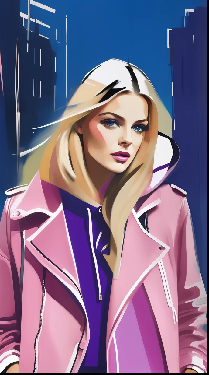 David downton fashion illustration, mustafa soydan art, blonde woman blue eyes, cute, lilac hoodie, gentle pink leather jacket, feminine, change background day city street, fresh color, artistic brushstrokes