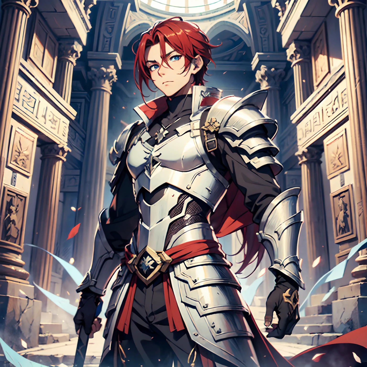 Ultra High Definition, Ultra High Quality, Extremely Detailed, Perfectly Detailed, Masterpiece, 8k, 1 Boy, Look A Like Xin From Kingdom Anime, Handsome, Equipped With All Solid Black Paladin Armor, Solid Light Blue Eyes, Long Red Hair, Body Shot, Ancient Kingdom Background