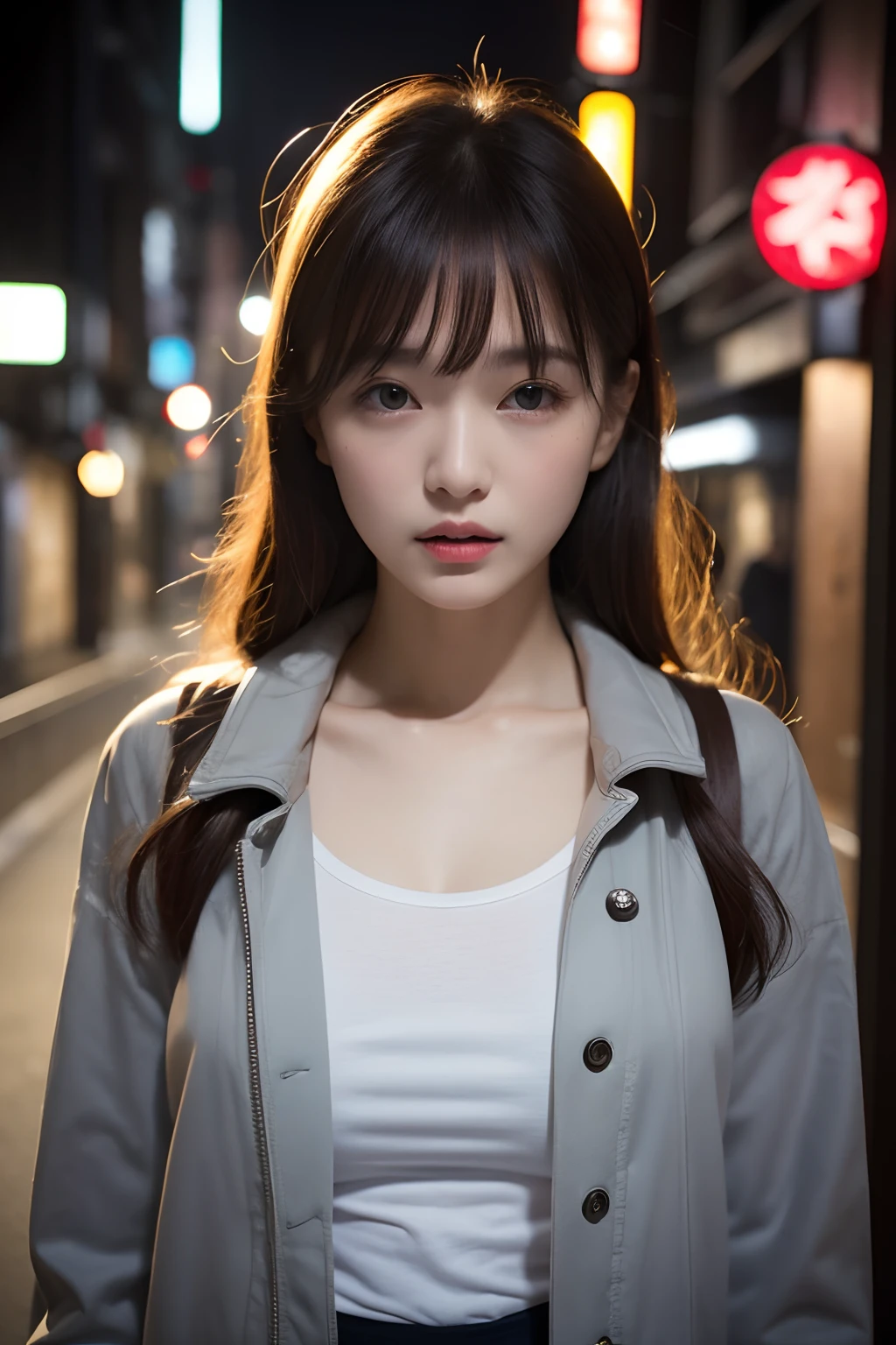 1girl in、Streets of Tokyo、natta、A city scape、city light、The upper part of the body、a closeup、White T-shirt and grey jacket、small tits、8K、Raw photography、top-quality、masterpiece、realisitic、Photorealsitic、