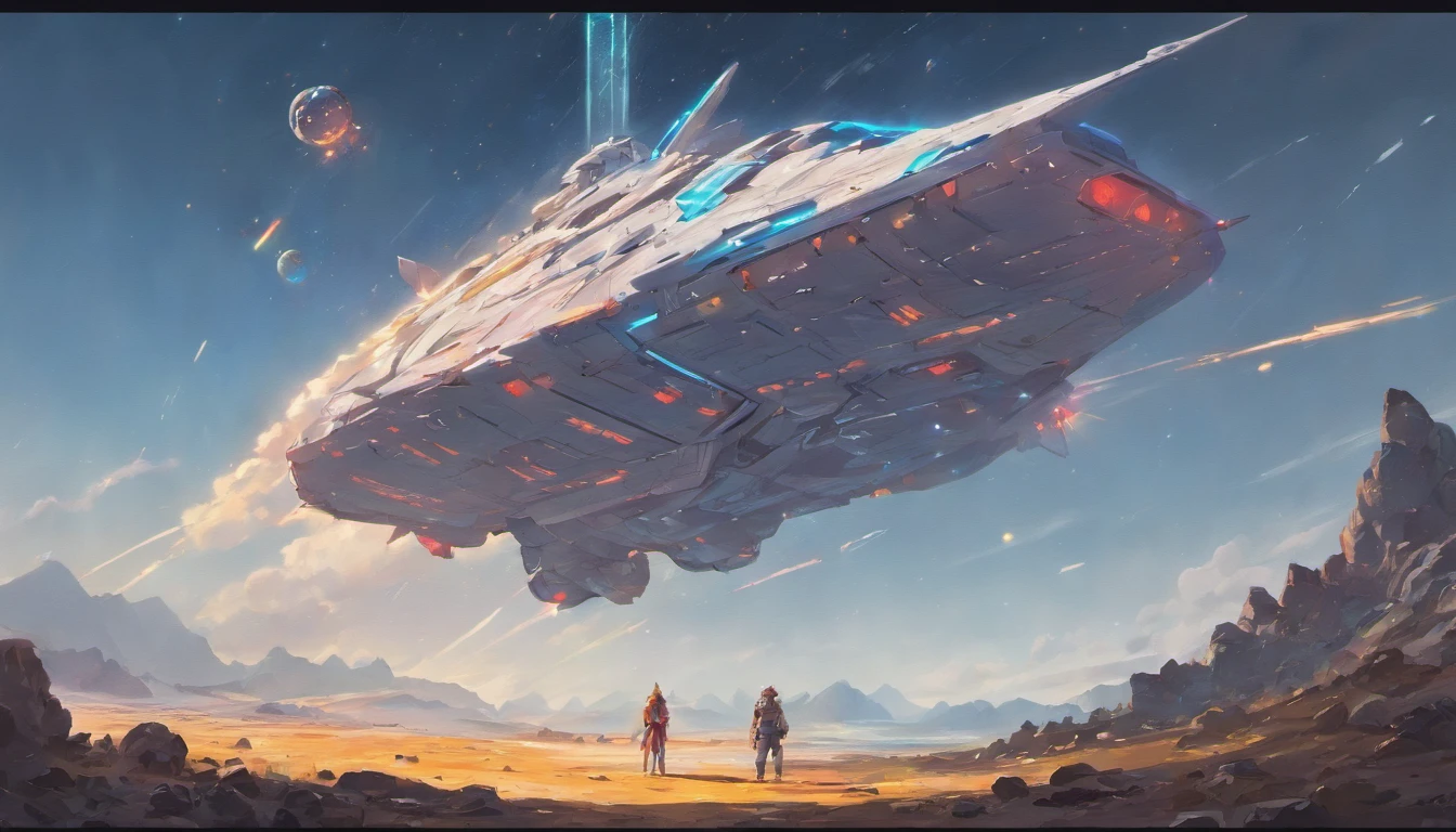 Drawing of a man standing on a rock and a spaceship flying over a rocky ground, inspired by sparth, Epic spaceship scene, sparth style, Spacecraft flies far, Star Citizen Digital Art, sci - fi illustrations, sci-fi illustration, detailed sci-fi art, In the sky spaceship, Spaceship in cloudy sky