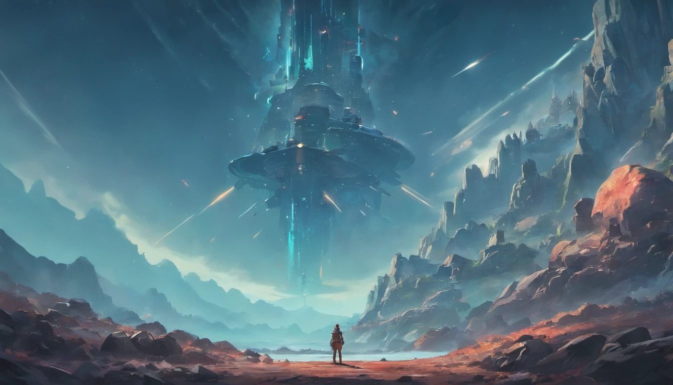 Drawing of a man standing on a rock and a spaceship flying over a rocky ground, inspired by sparth, Epic spaceship scene, sparth style, Spacecraft flies far, Star Citizen Digital Art, sci - fi illustrations, sci-fi illustration, detailed sci-fi art, In the sky spaceship, Spaceship in cloudy sky