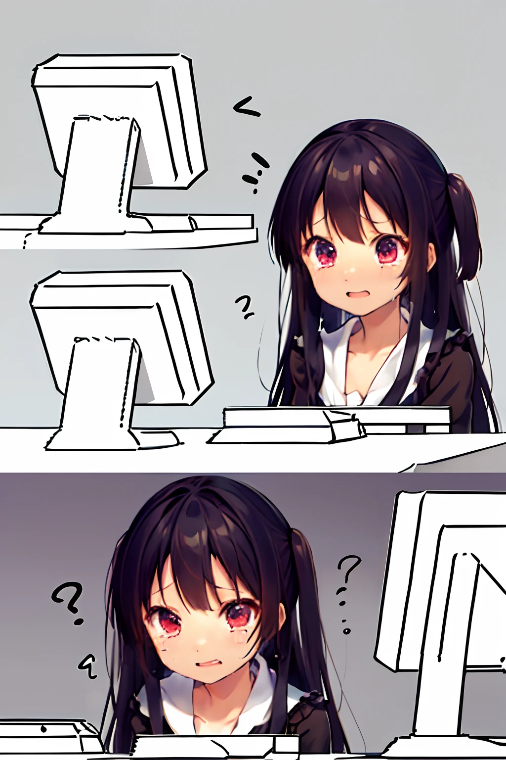 Crying a lot、is crying、Tears、Highly detailed, High quality, masutepiece, Beautiful, 2 frames of a girl sitting confused in front of a computer, kafka, Purple eyes, Jacket,