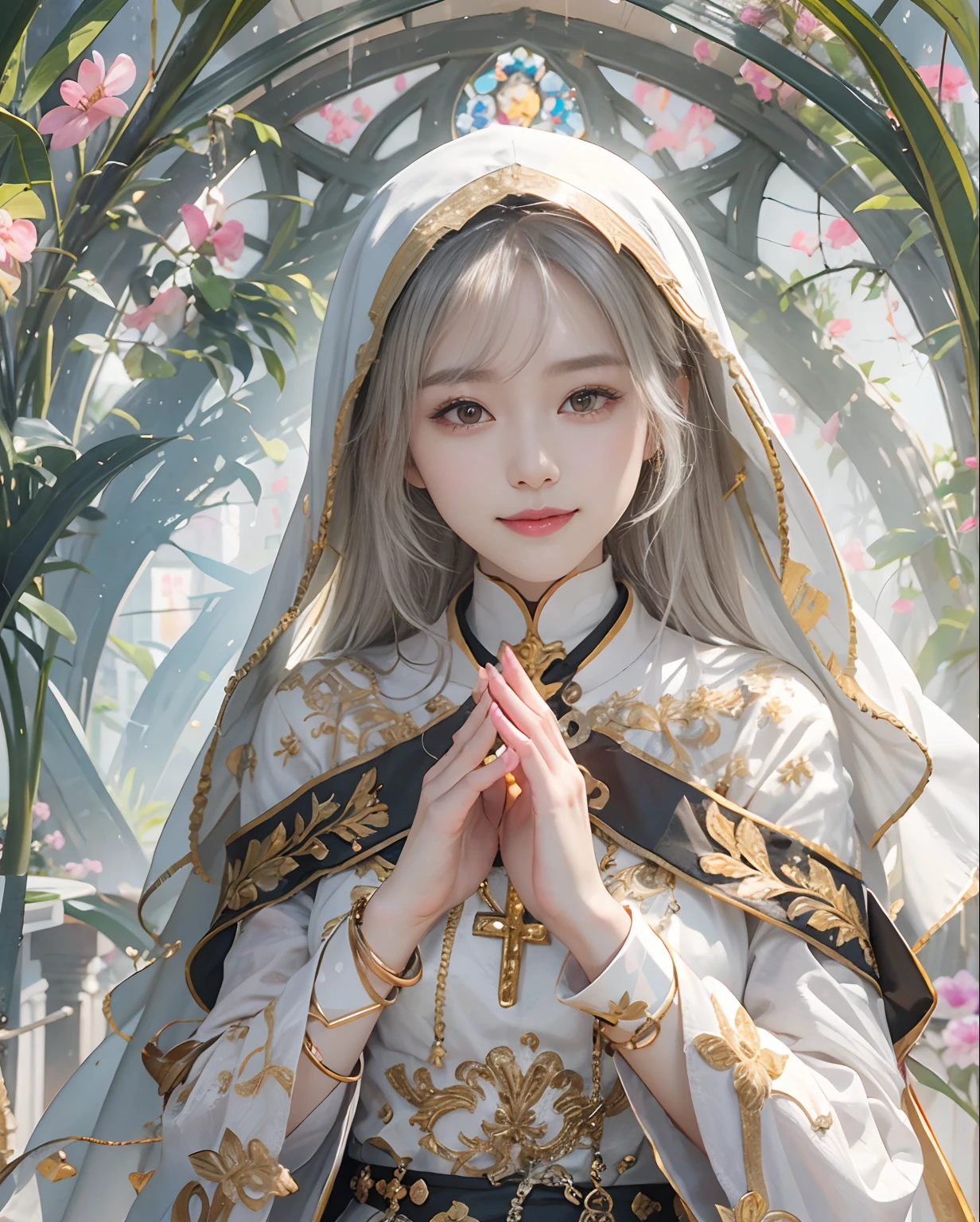 masutepiece、A high resolution、habit、25old female、1Girl vs、Look at the viewer、ssmile、Okappa、In the background is a monastery、Beautiful stained glass、Fair and transparent skin、The beautiful nun prays to God、Smile、Fair and transparent skin、The claws are thin and beautiful、high-heels、No plaque required、The angle above the knee、breasts are small,B size、slenderness、Visible nipple。The claws are thin and beautiful,Fair and transparent skin,high-heels、Gold-tone anklet、